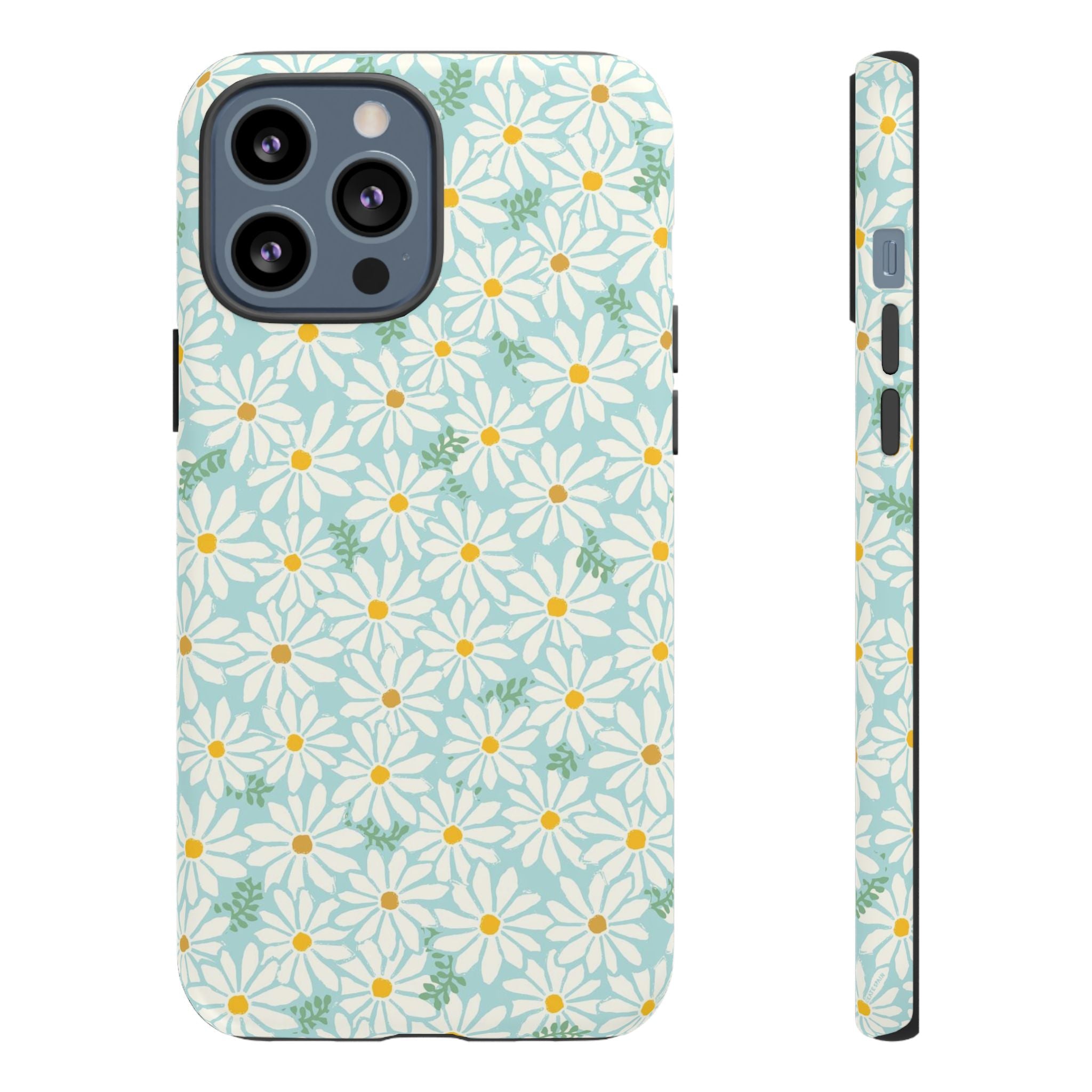 Daisies Tough iPhone 13 Pro Max Case – Matte | sky blue, white daisy print, golden yellow centers, mint green leaves dual-layer protection