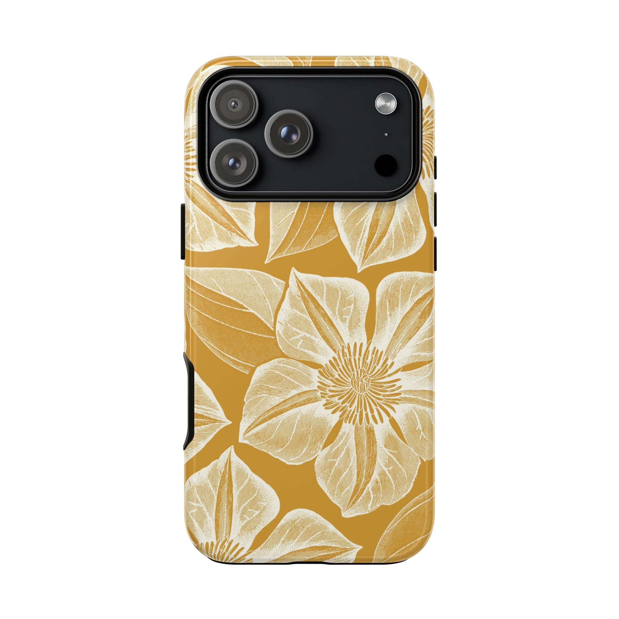 Vintage Bloom Gold iPhone 17 Pro Max case – Glossy | gold ground, large-scale cream clematis print, engraved petal detail, dual-layer protection
