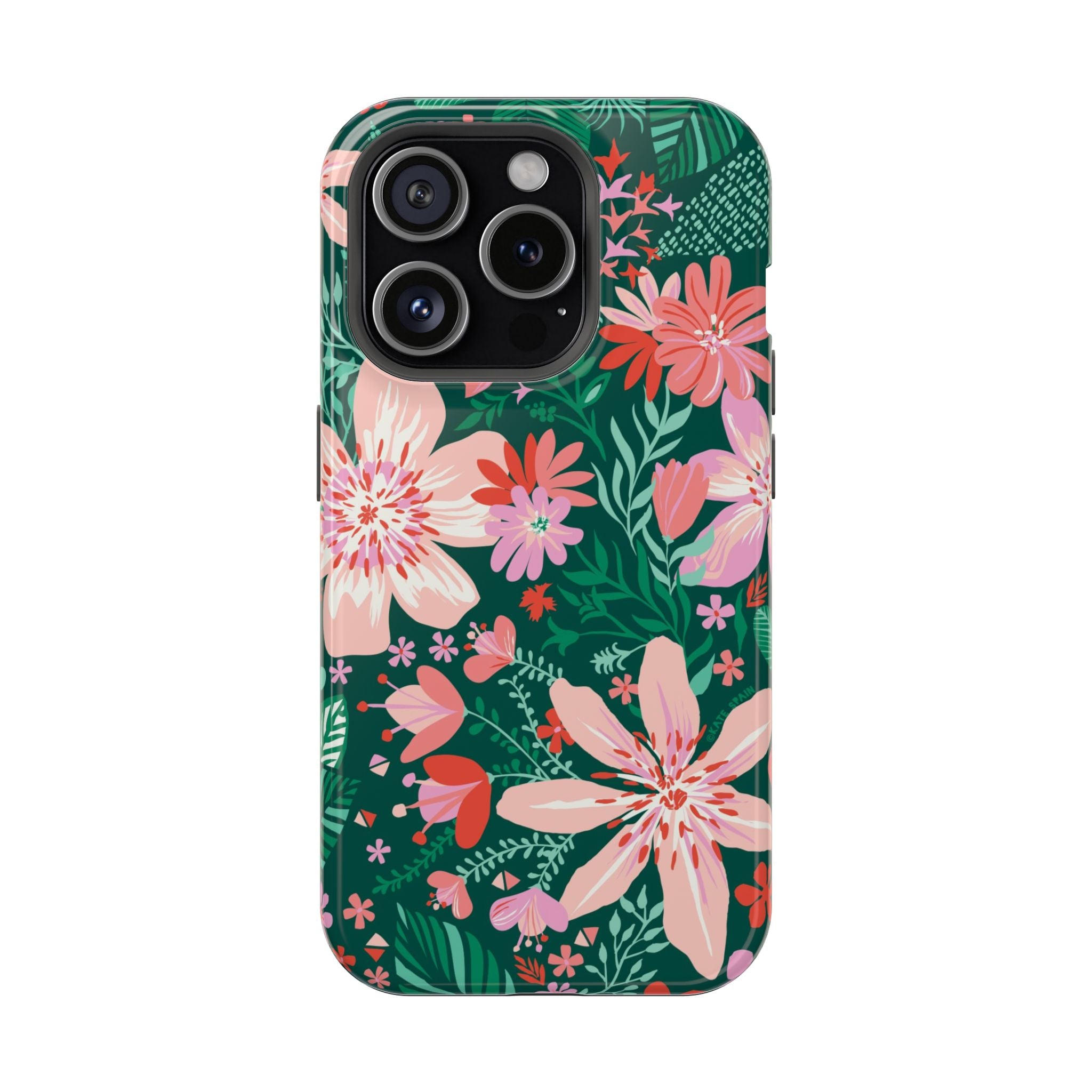 Bonaire MagSafe iPhone 15 Pro Case – Glossy | forest green, blush, coral tropical floral print