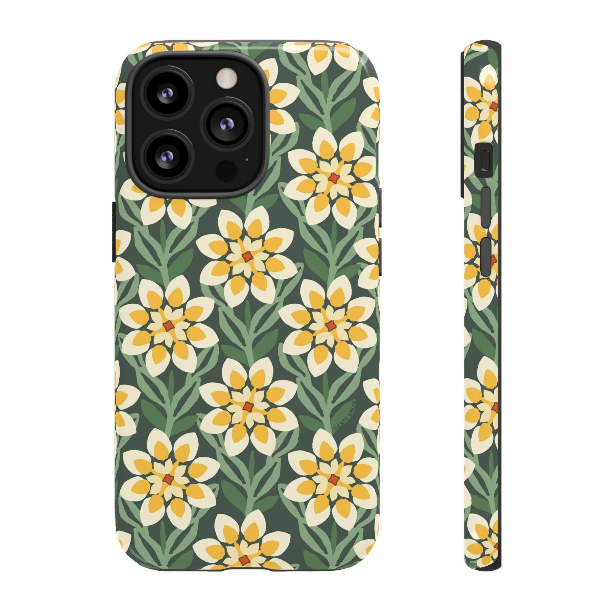 Designer Modern Dahlia Tough iPhone 13 Pro Case – Glossy | yellow, cream, green dahlia floral print