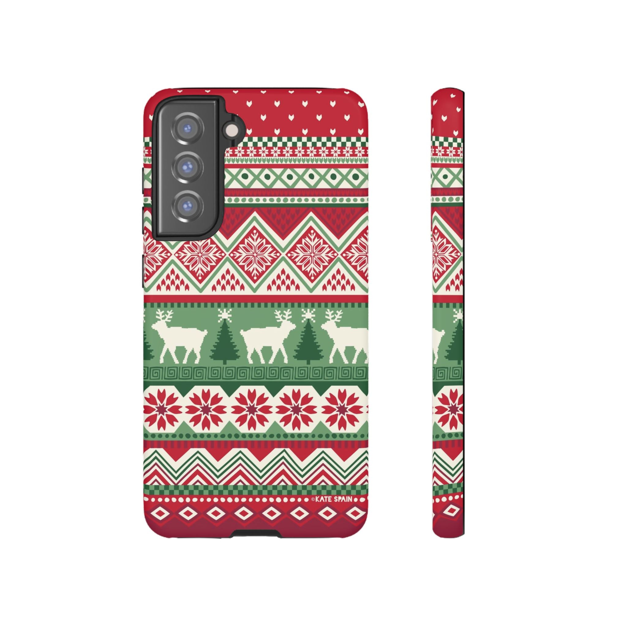 Luxury Telemark Samsung Galaxy S21 FE Case – Matte | red, green, cream Nordic fair isle reindeer print