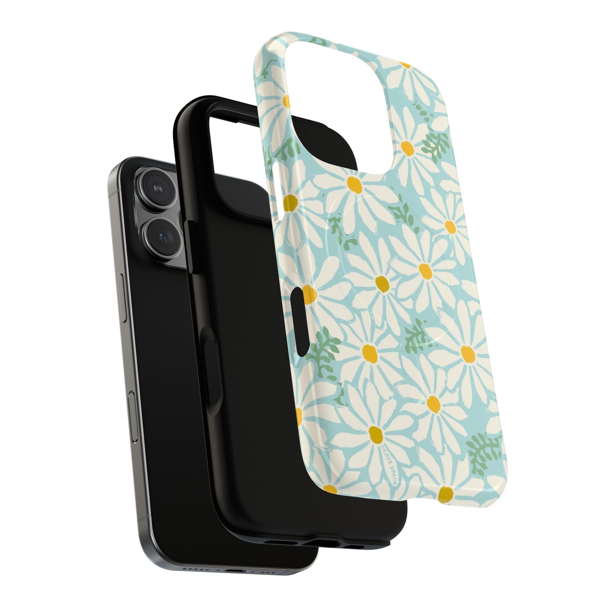 Daisies MagSafe iPhone 16 Pro Max Case – Dual-layered view of case and inner lining in front of phone, with view of camera cutout and buttons | mint, white, yellow botanical daisy floral print