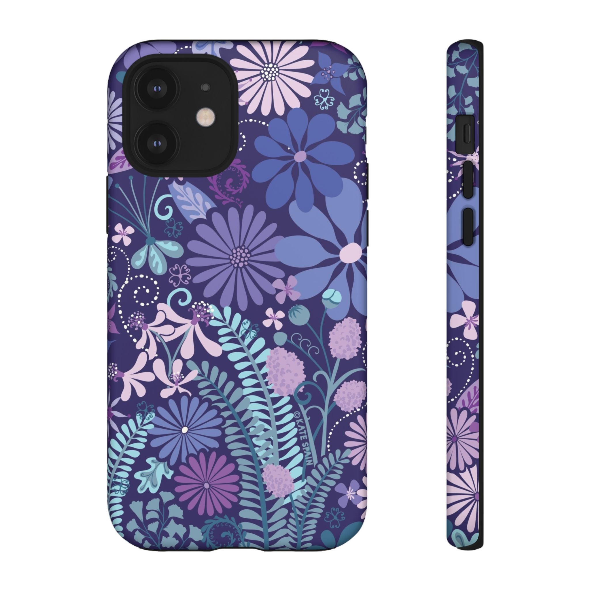 Luxury Terrain Tough iPhone 12 Case – Matte | navy, purple, aqua botanical woodland floral print