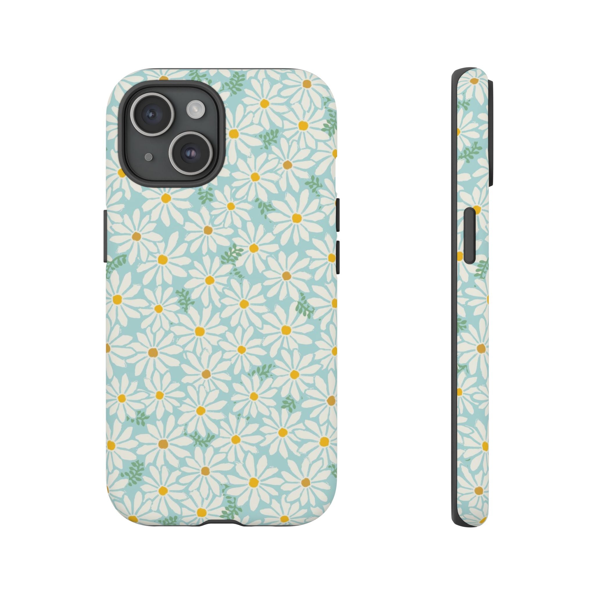 Daisies Tough iPhone 15 Case – Matte | sky blue, white daisy print, golden yellow centers, mint green leaves dual-layer protection