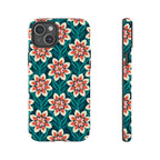 Modern Dahlia Tough iPhone 15 Plus Case – Glossy | teal, coral, cream geometric dahlia floral print