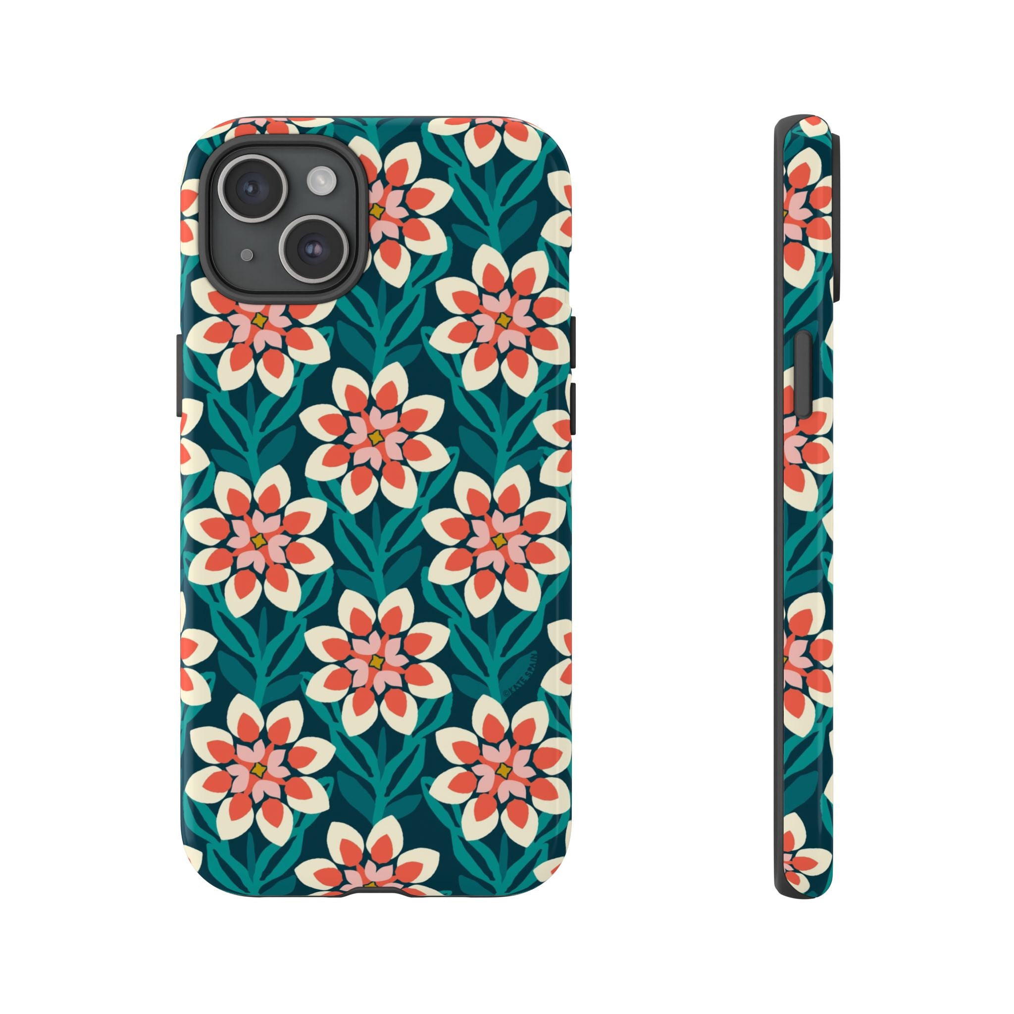 Modern Dahlia Tough iPhone 15 Plus Case – Glossy | teal, coral, cream geometric dahlia floral print
