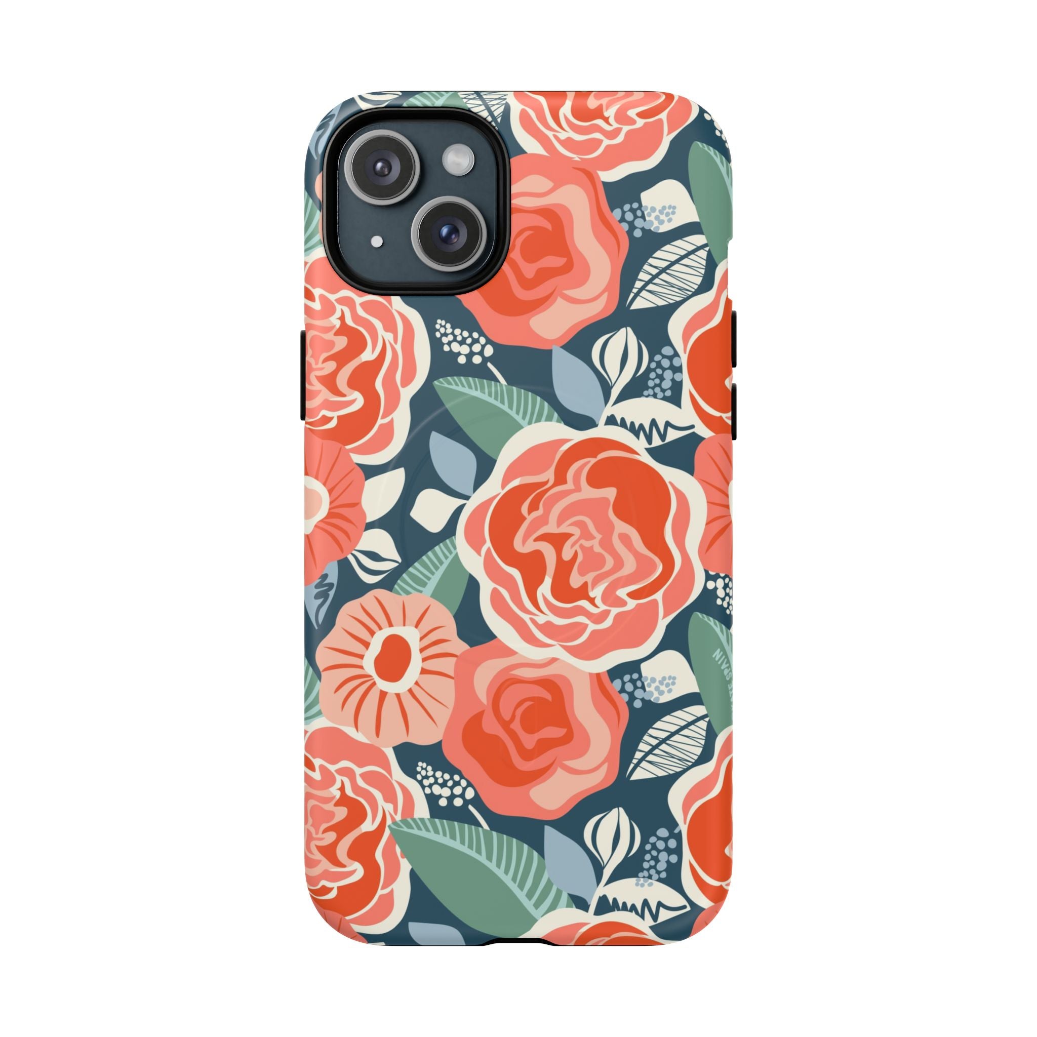 Luxury Tea Rose Navy MagSafe iPhone 15 Plus Case – Matte | navy, coral, peach botanical rose floral print