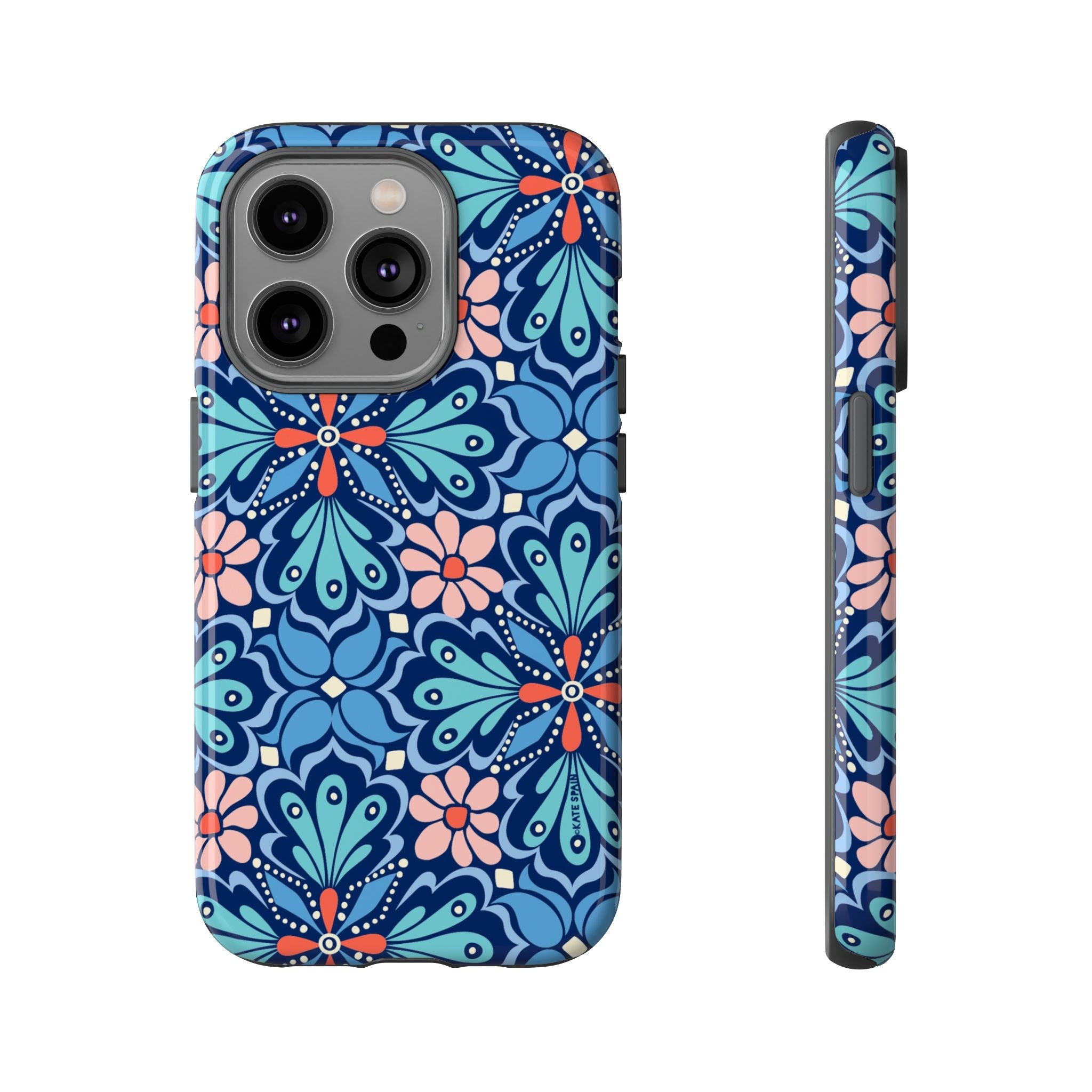 Bolero Tough iPhone 14 Pro Case – Glossy | navy, cobalt, blush geometric medallion floral print