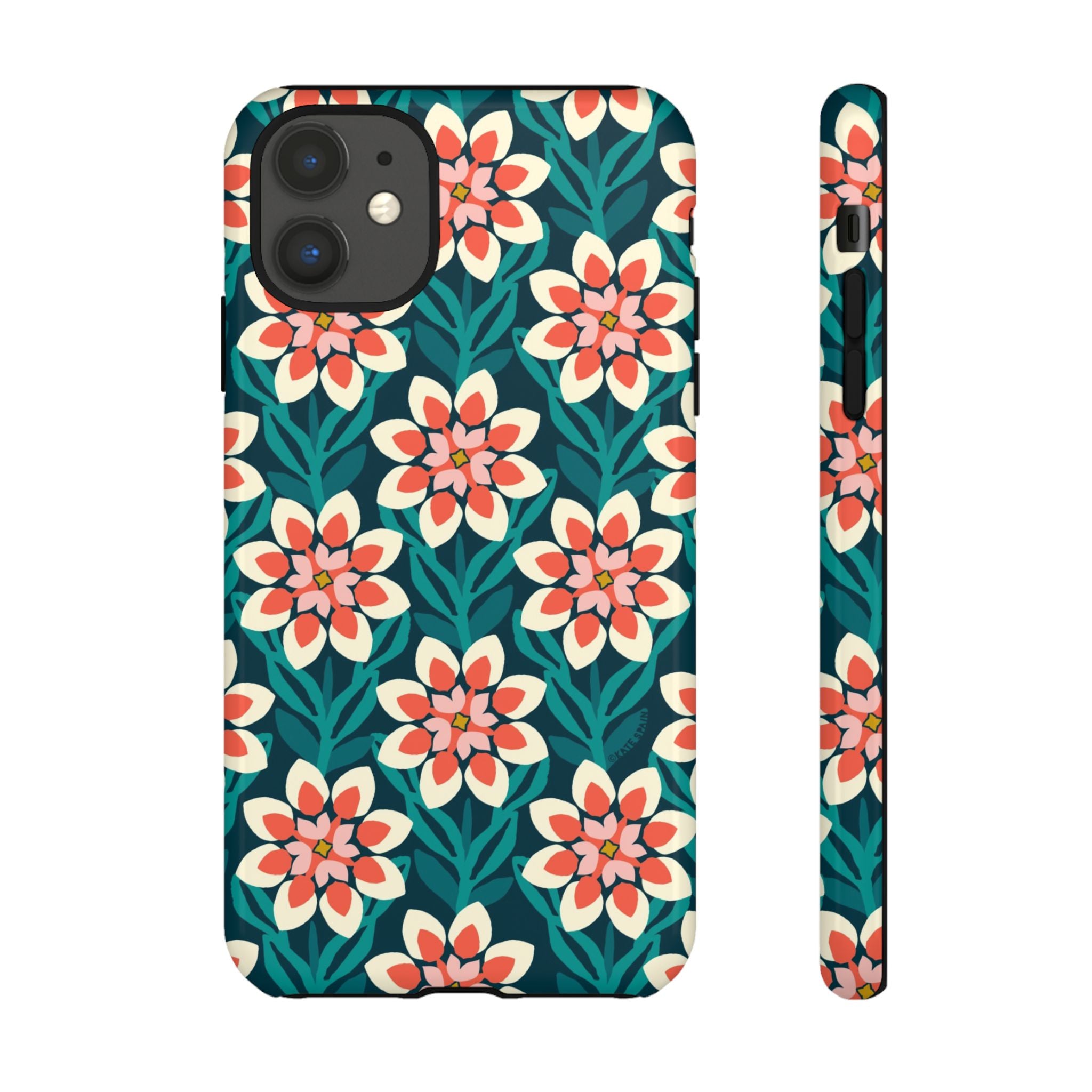 Modern Dahlia Tough iPhone 11 Case – Glossy | teal, coral, cream geometric dahlia floral print
