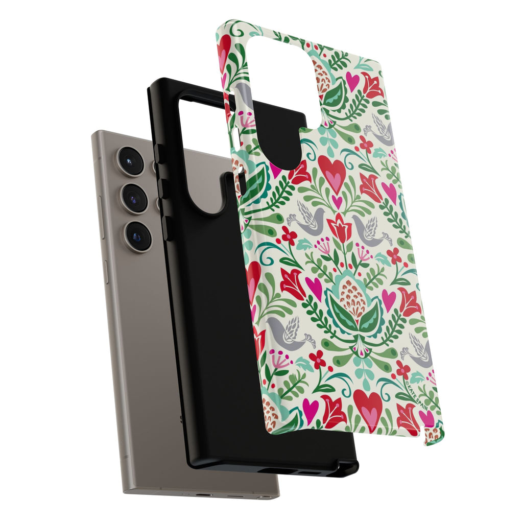 Rosemaling Samsung Galaxy S24 Ultra Case – detail view of layered construction | white, red, green rosemaling floral print
