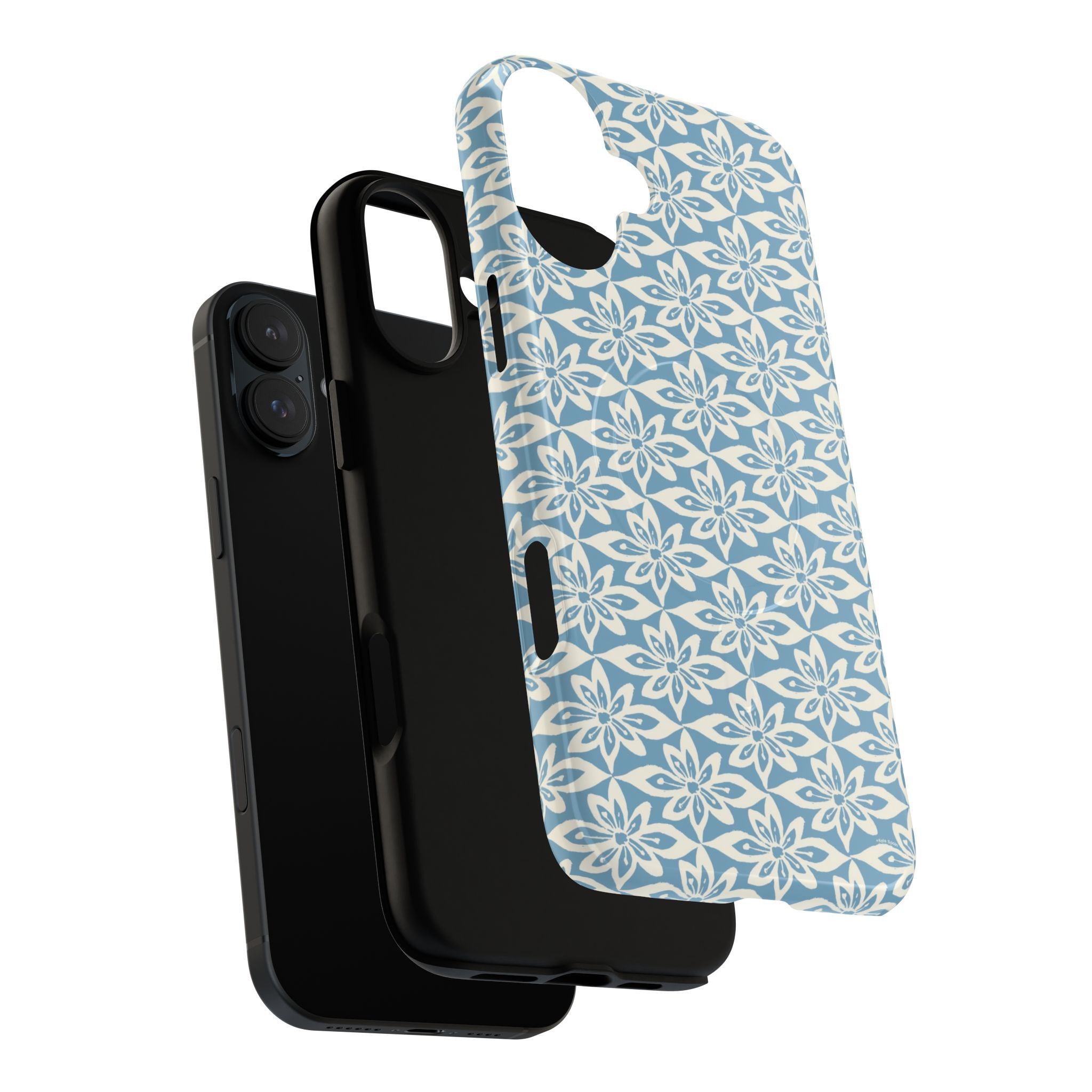 Lily Blue MagSafe iPhone 16 Pro Max Case – Glossy | dual-layer construction detail showing case and inner lining with camera cutout and buttons — botanical MagSafe case by Kate Spain