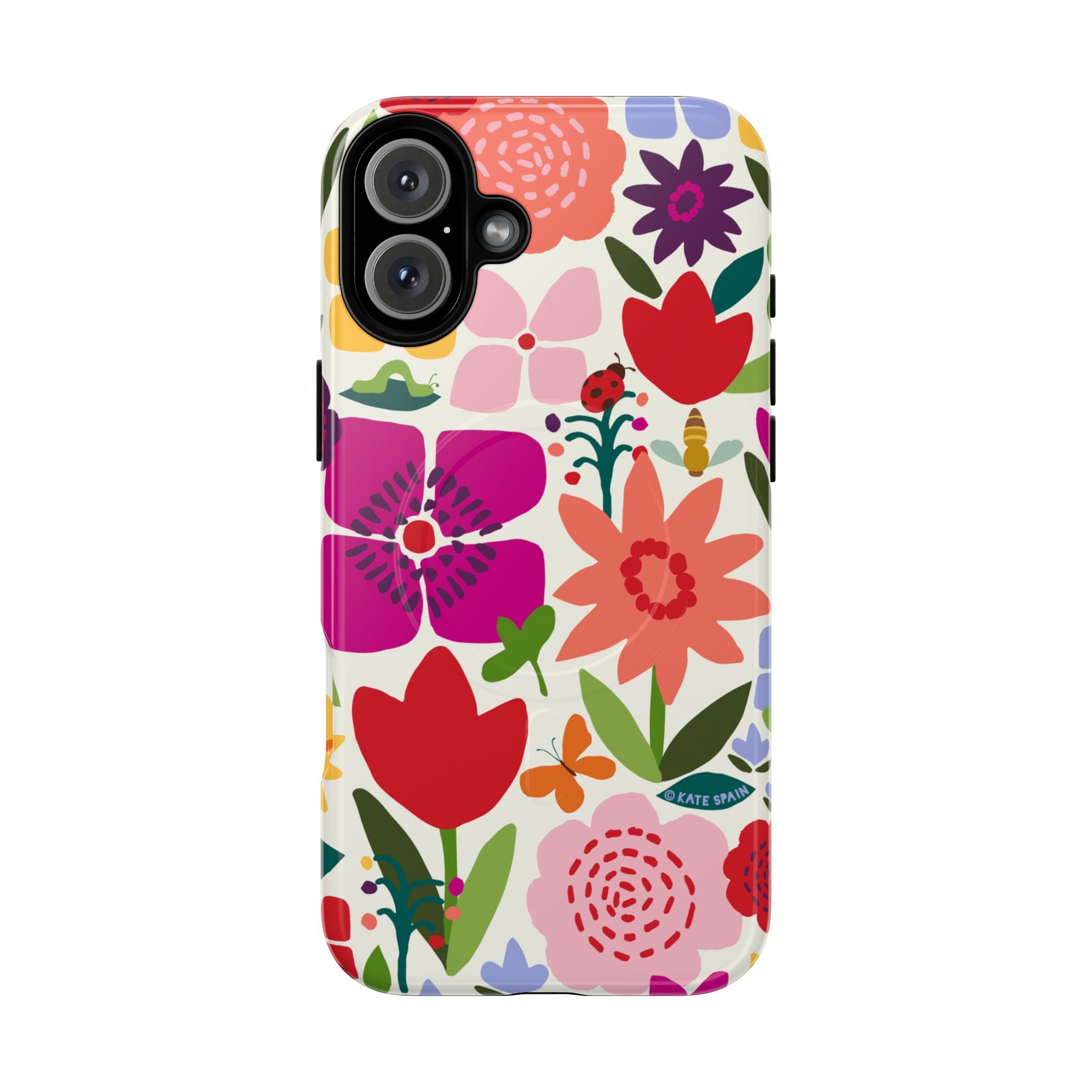 Happy Blooms MagSafe iPhone 16 Plus Case – Glossy | cream, red, magenta, coral botanical floral print