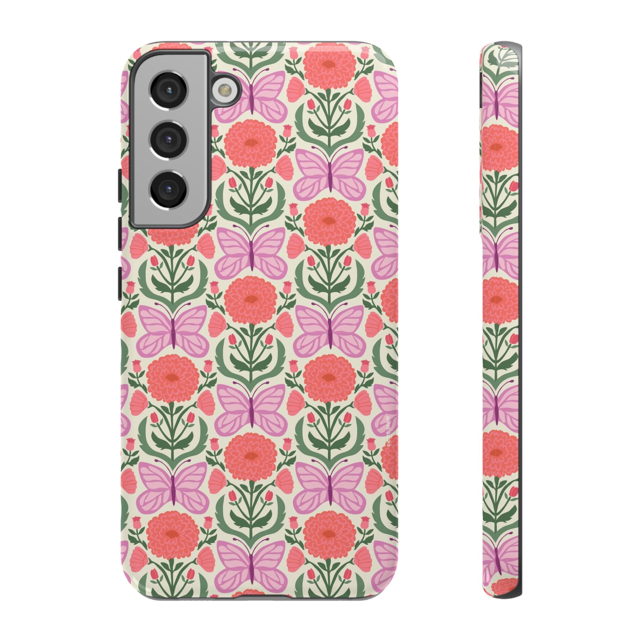 Luxury Pink Butterfly Samsung Galaxy S22+ Case – Glossy | cream, coral, lavender butterfly floral print
