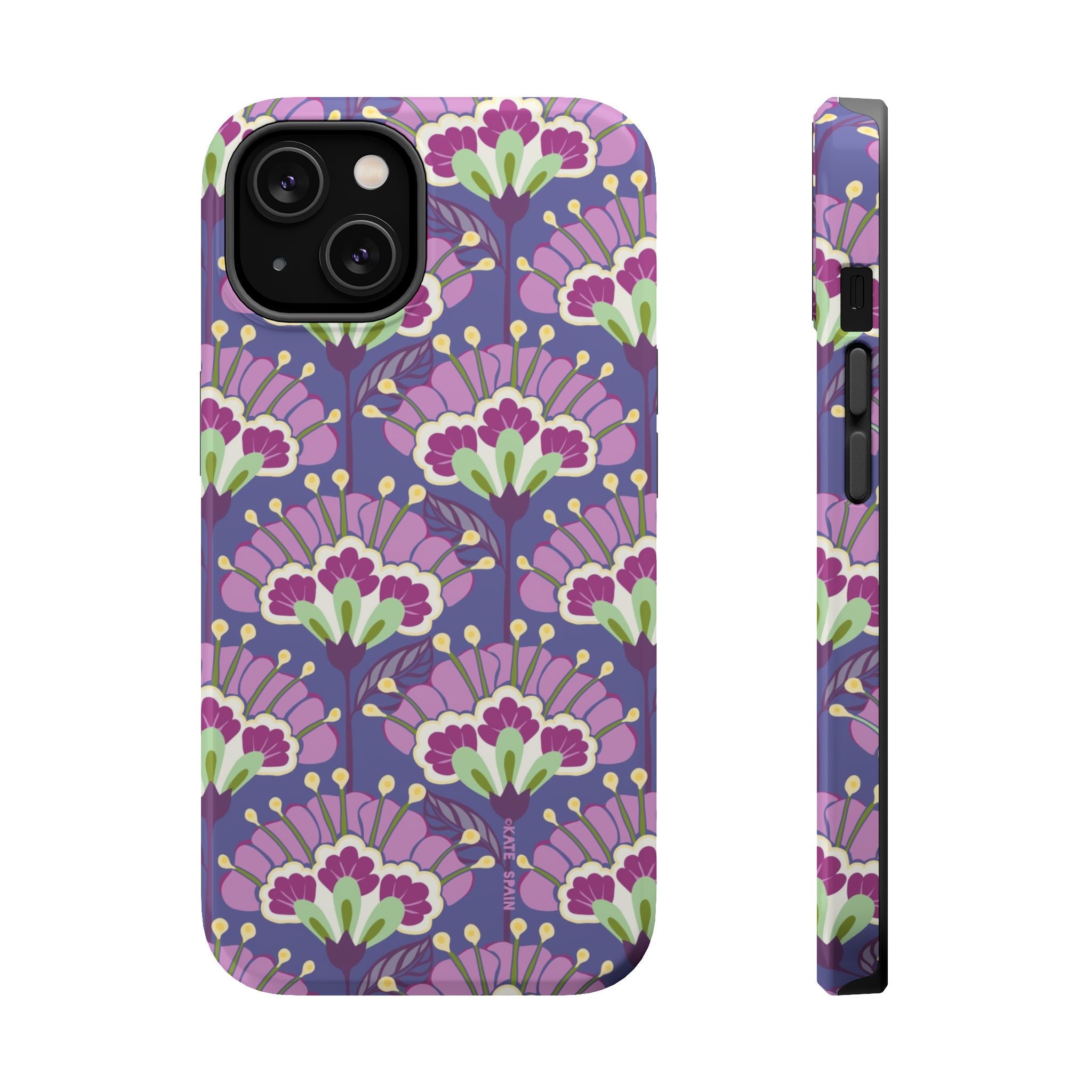 Lantern Flower MagSafe iPhone 14 Case – Glossy | periwinkle, purple, mauve, sage botanical lantern floral print MagSafe compatible, dual-layer protection