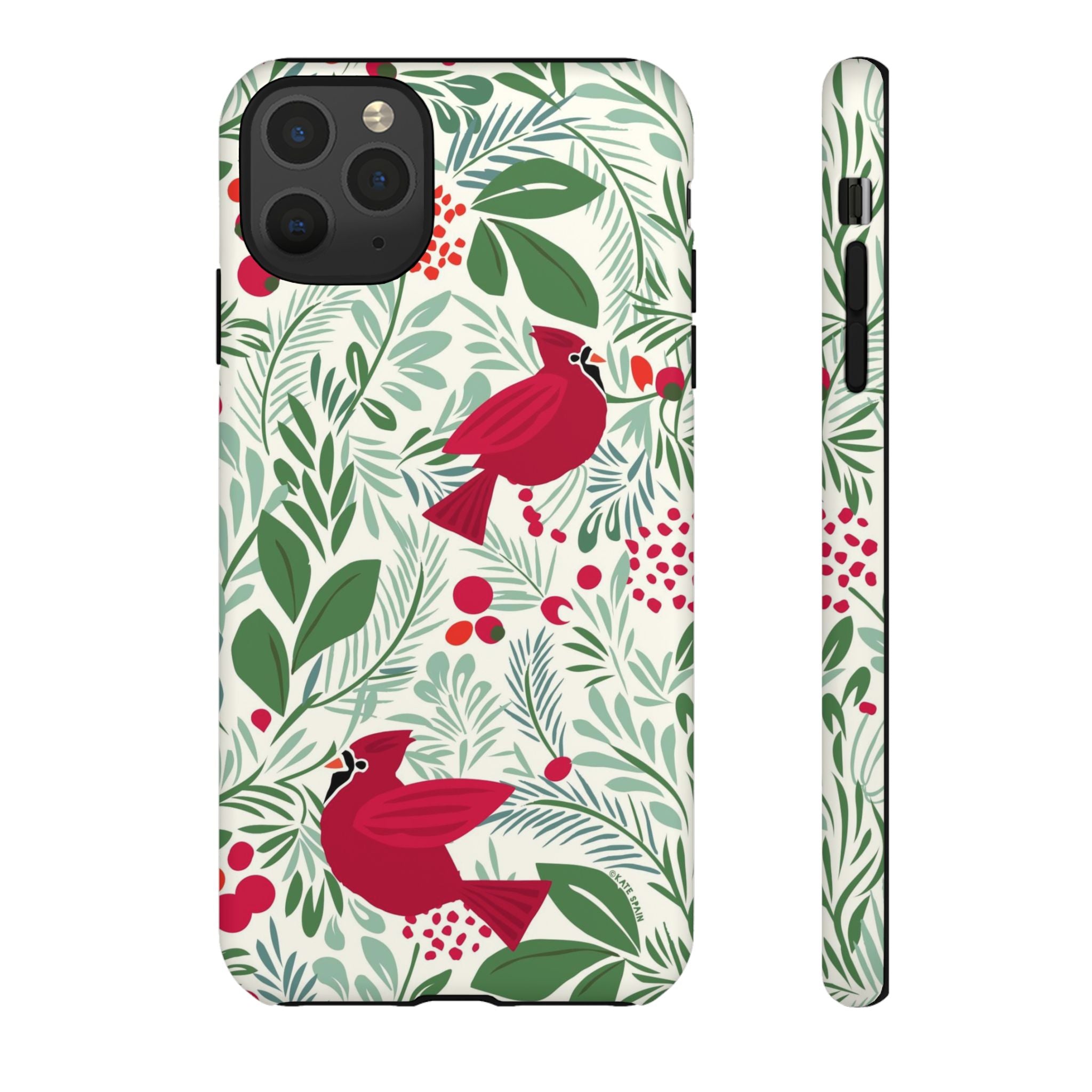 Birds and Berries Tough iPhone 11 Pro Max Case – Matte | cream, red, green botanical cardinal berry print