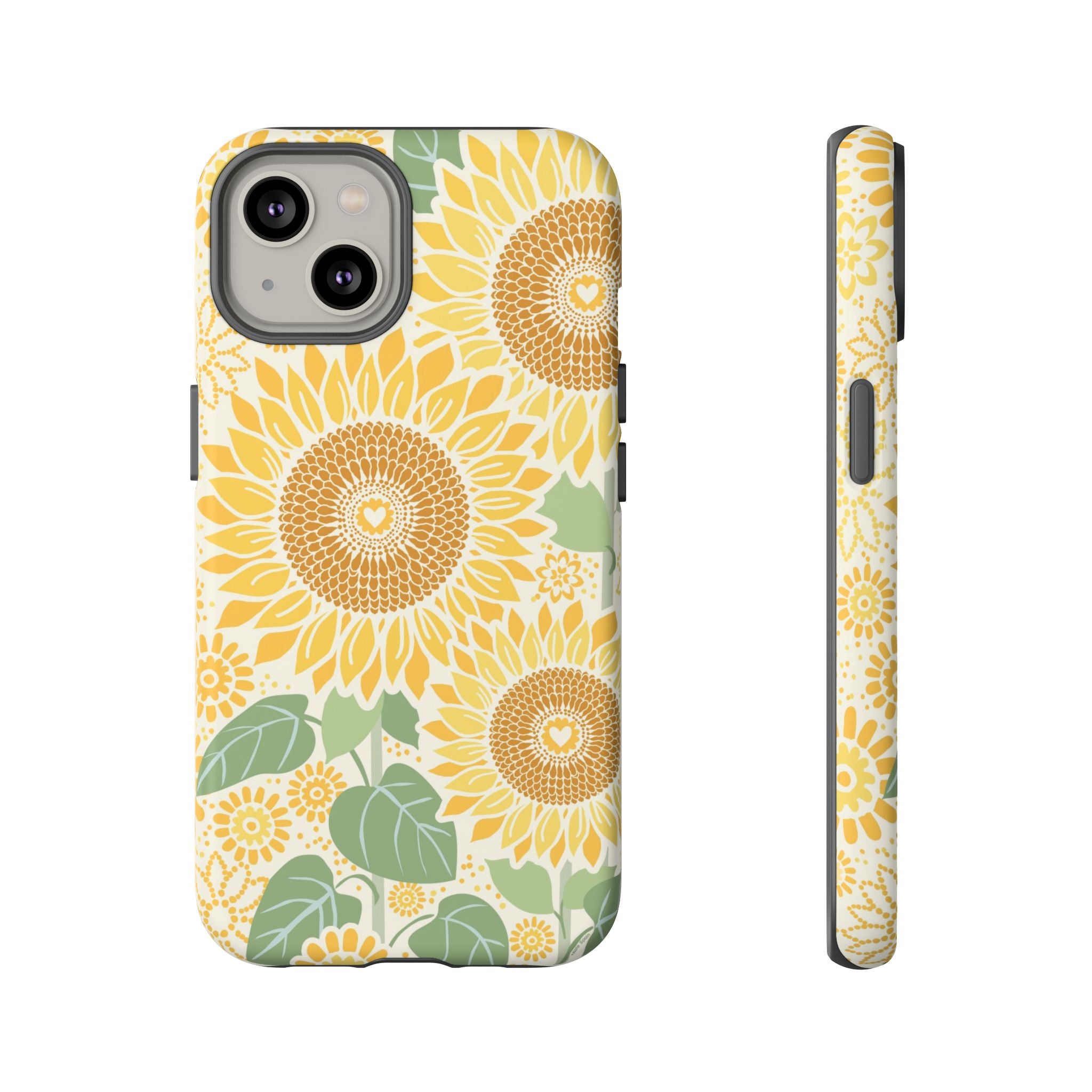 Sunny Sunflower iPhone 14 case – Matte | cream ground, large-scale yellow sunflower print, golden seed detail with heart centers, dual-layer protection