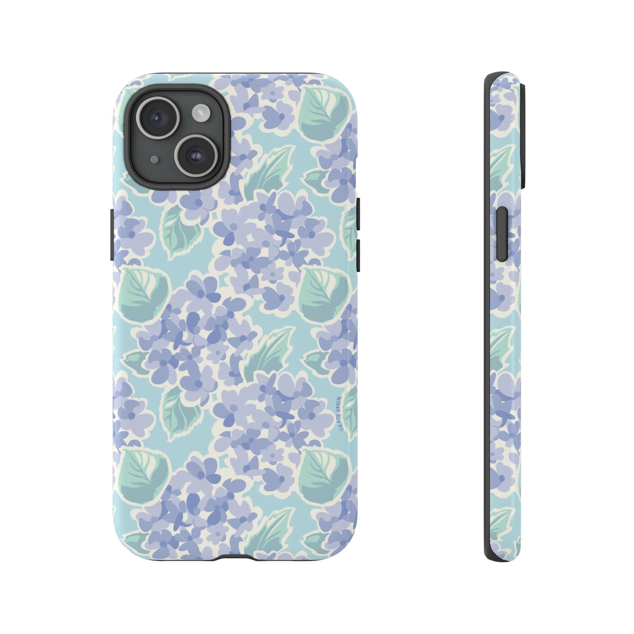 Nantucket Hydrangea Tough iPhone 15 Plus Case – Glossy | white, lavender, mint watercolor hydrangea print