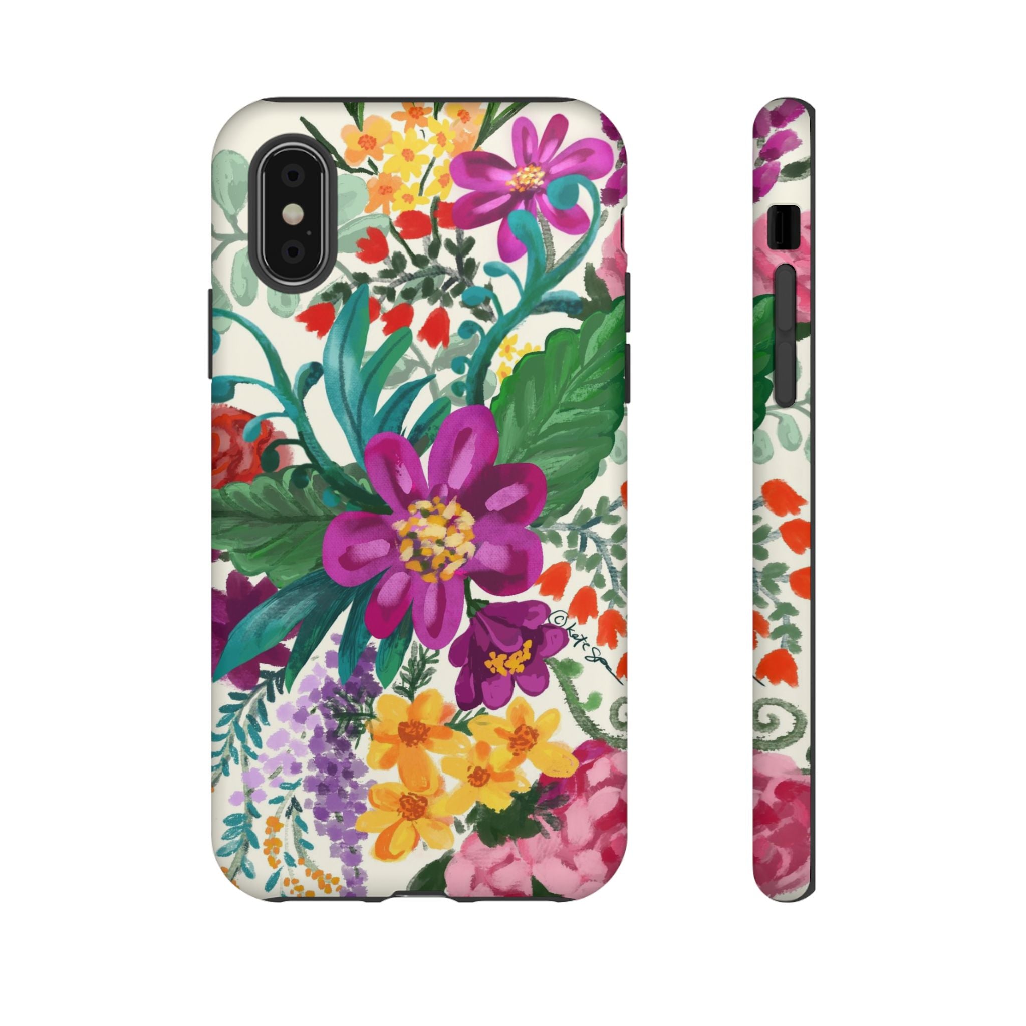 Posy Tough iPhone XS Case – Matte | cream, magenta, coral botanical floral print