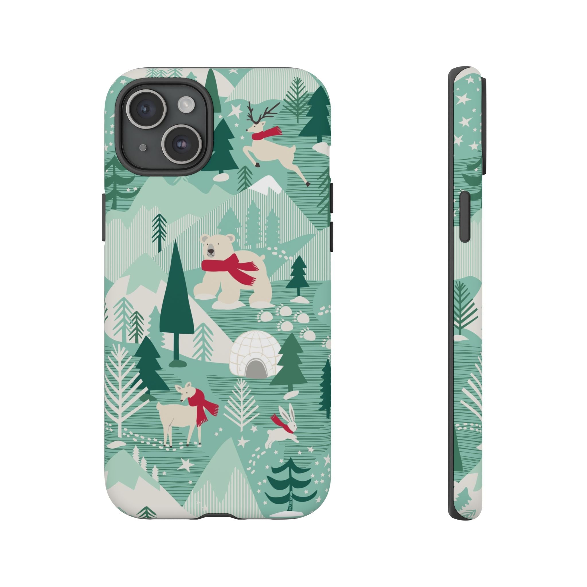 Arctica Winter Tough iPhone 15 Plus Case – Matte | aqua, evergreen, white, animal frolic winter wonderland print