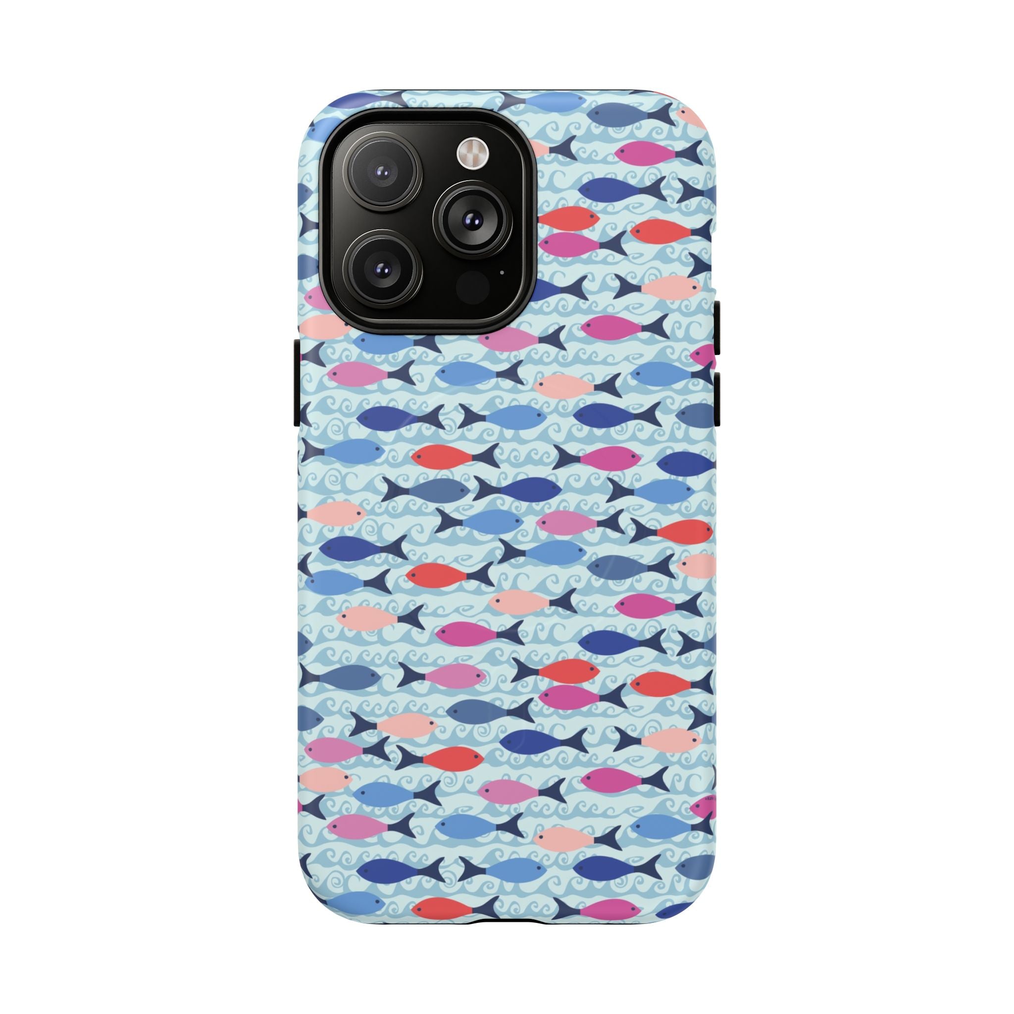 Summer Minnows MagSafe iPhone 14 Pro Max Case – Matte | navy, coral, pink, and periwinkle fish on a pale aqua ground
