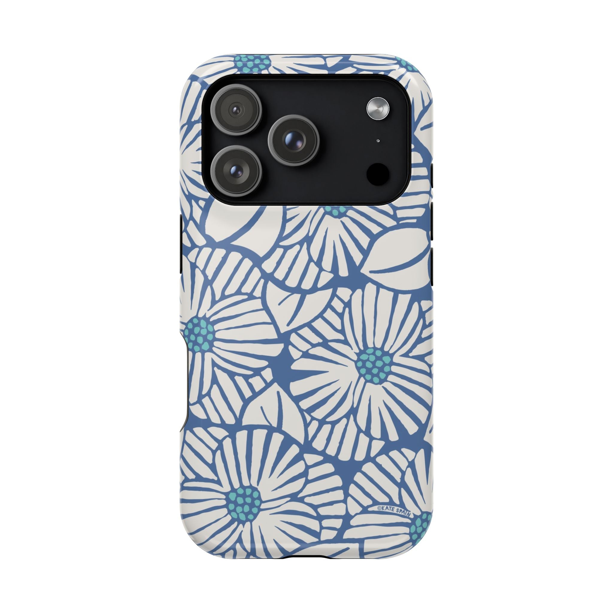 Calendula MagSafe iPhone 17 Pro Case – Glossy | slate blue, cream, teal kimono botanical print