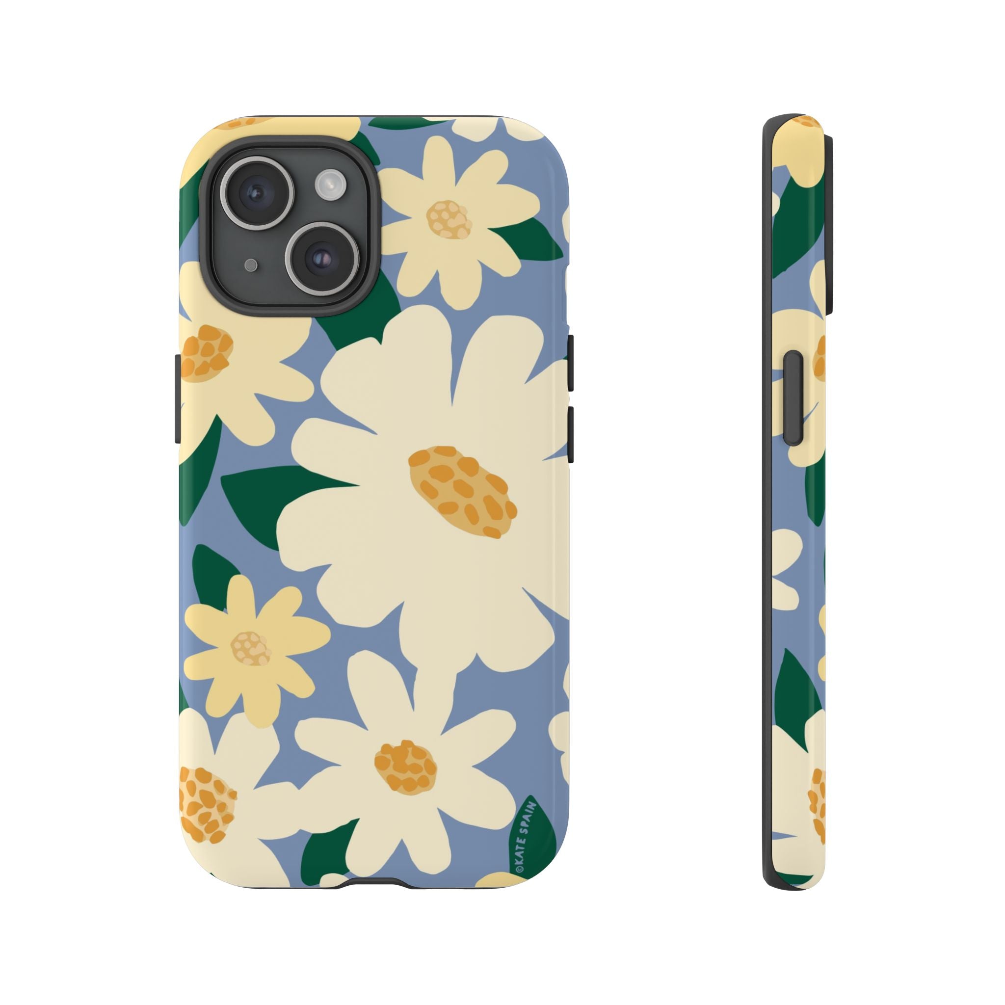 Chamomile Tough iPhone 15 Case – Glossy | periwinkle, cream, yellow botanical daisy floral print