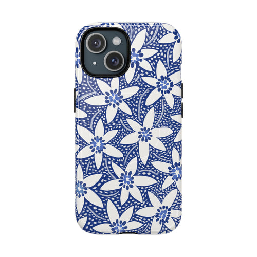 Starflower MagSafe iPhone 15 Case – Glossy | navy, white geometric starflower print
