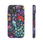 Peacock Sanctuary Tough iPhone 15 Case – Matte | navy, teal, coral multicolor vibrant peacock feather botanical print