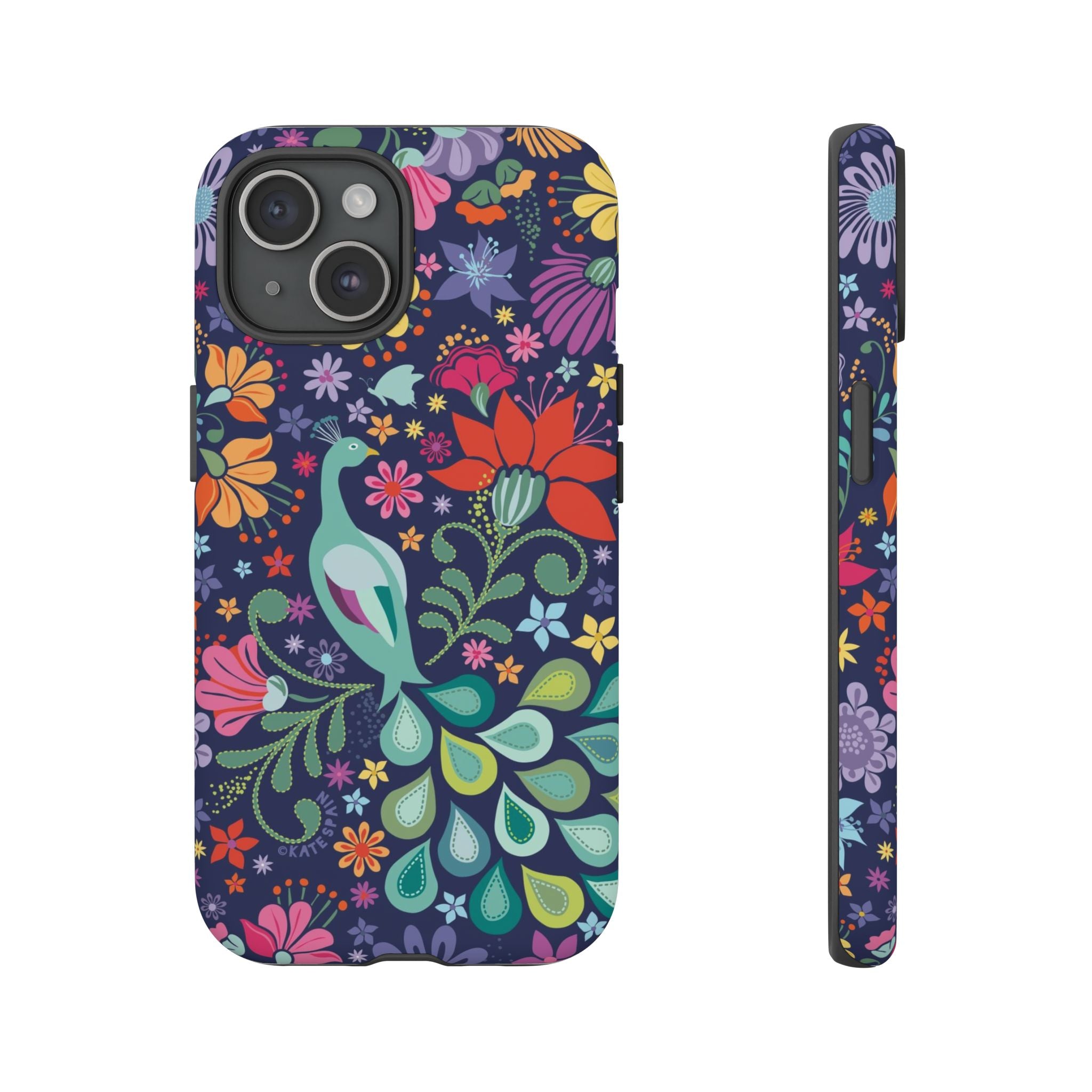 Peacock Sanctuary Tough iPhone 15 Case – Matte | navy, teal, coral multicolor vibrant peacock feather botanical print