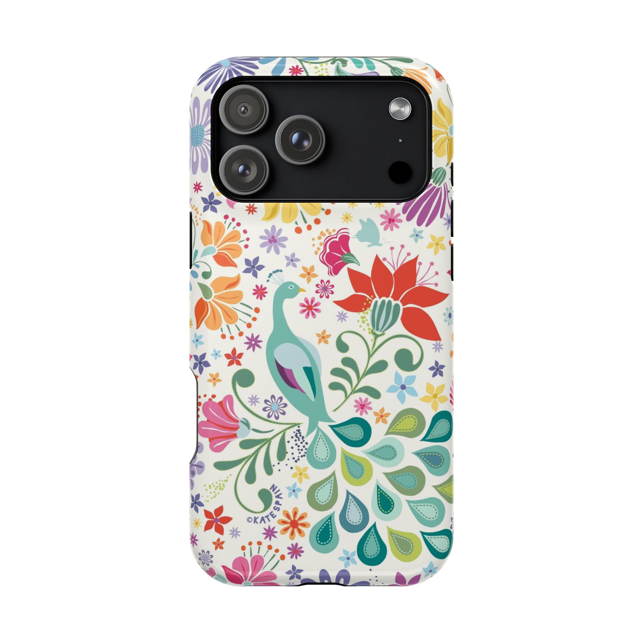 Peacock Sanctuary MagSafe iPhone 17 Pro Max Case – Glossy | ivory, teal, navy peacock botanical print MagSafe compatible, dual-layer protection