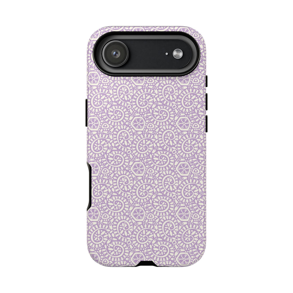 Canto Swirls Lavender iPhone 17 Air Glossy Case — lavender hard case covered in an intricate folk-art medallion pattern of radiating circular motifs, dot clusters, and geometric centers