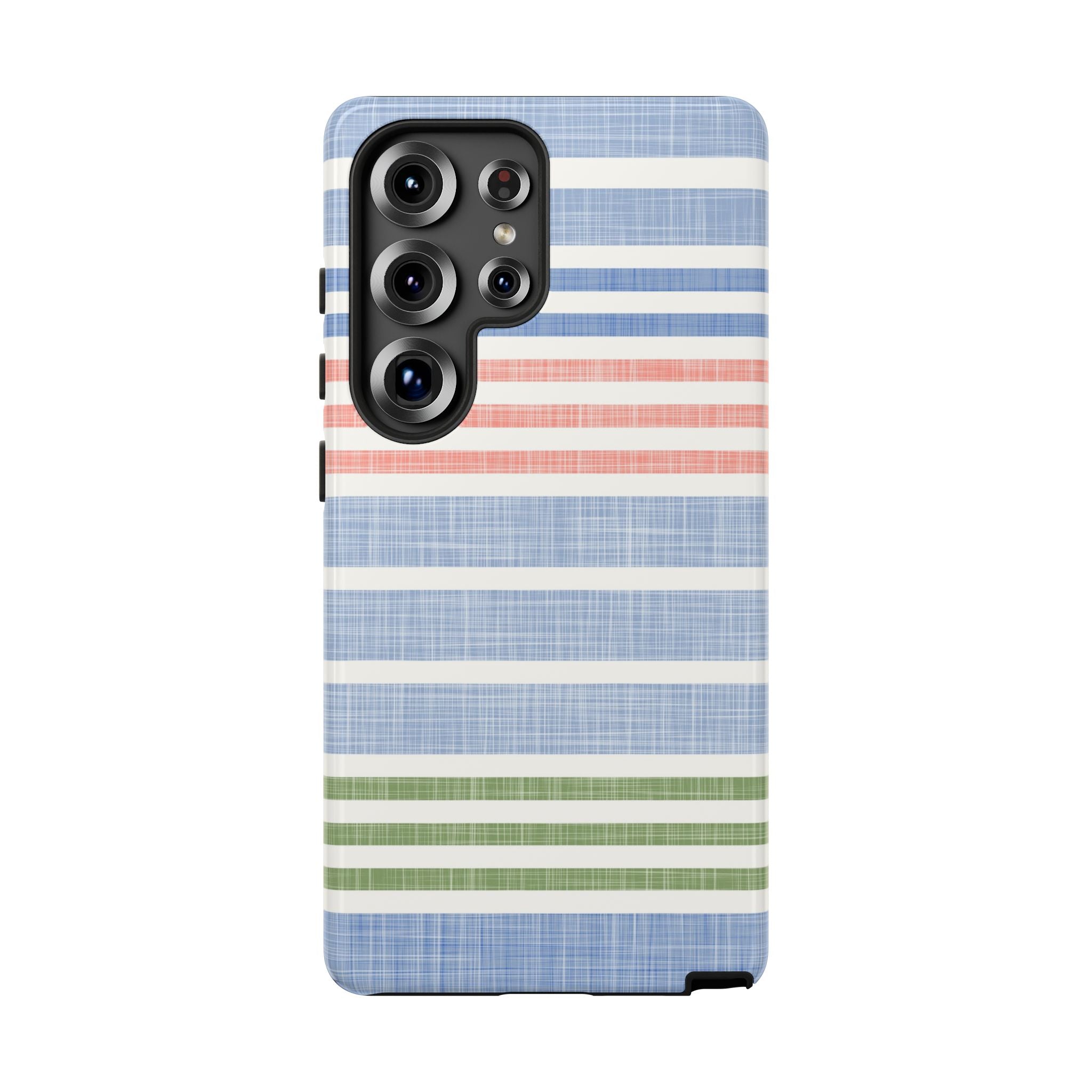 Cabana Stripe Pastel Samsung Galaxy S25 Ultra Case – Glossy | soft blue, coral, sage green chambray-textured stripe print dual-layer protection