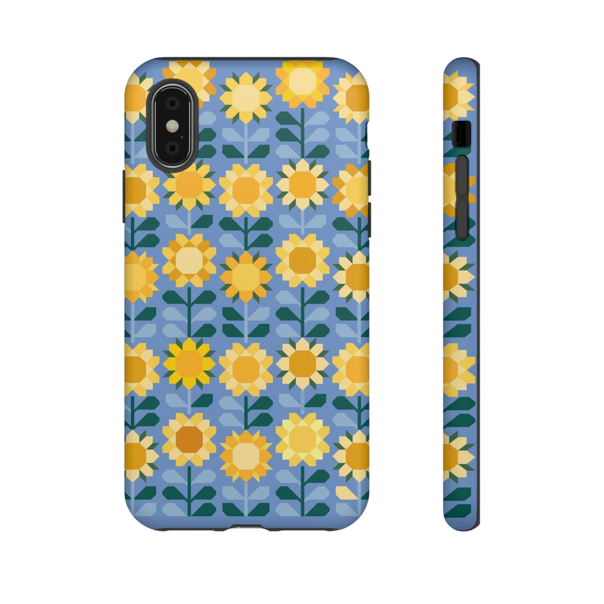 Sunflowers Tough iPhone XS Case – Matte | blue, yellow, gold geometric sunflower print