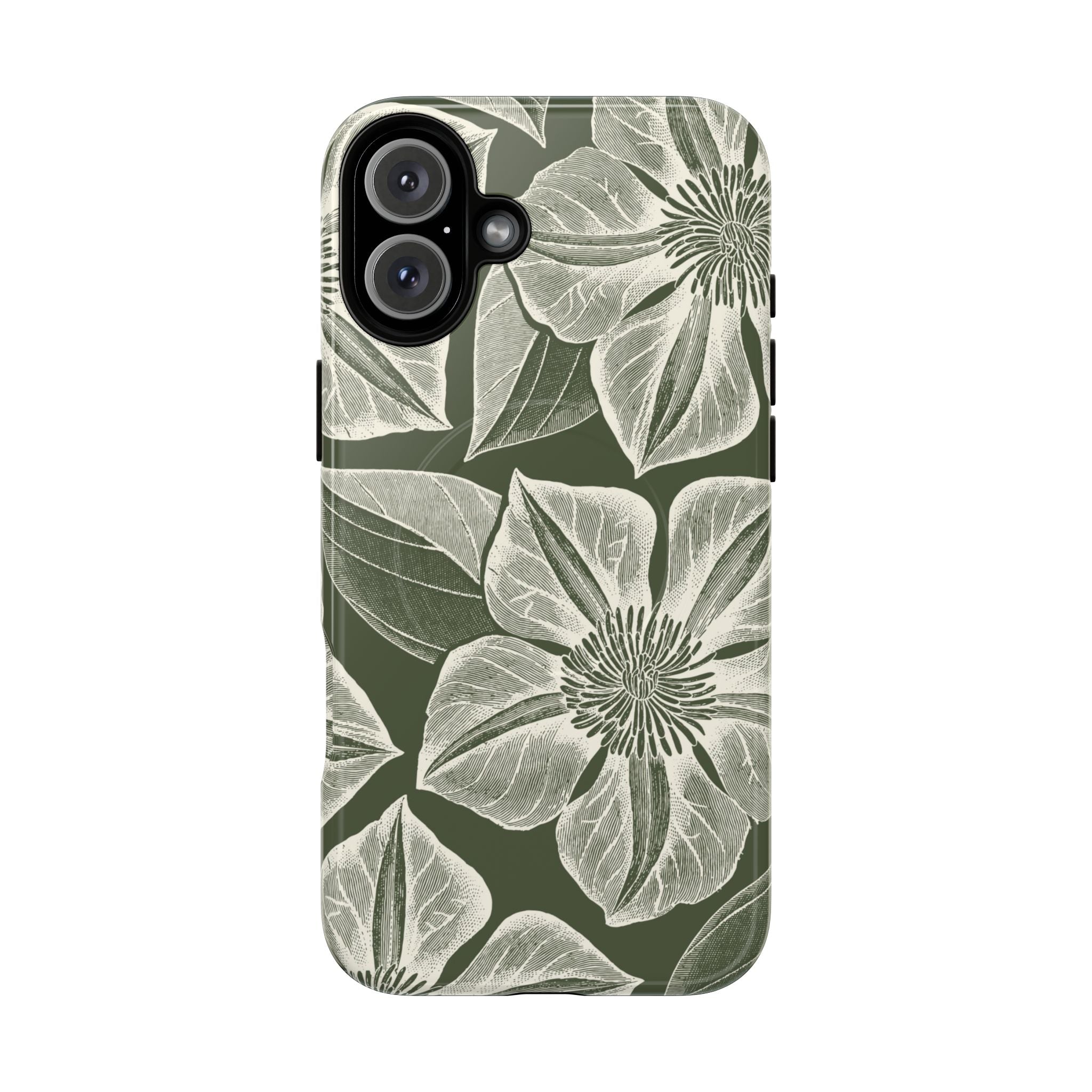 Vintage Bloom Cypress MagSafe iPhone 16 Plus – Glossy | cypress green ground, large-scale white clematis print, engraved petal detail, dual-layer protection