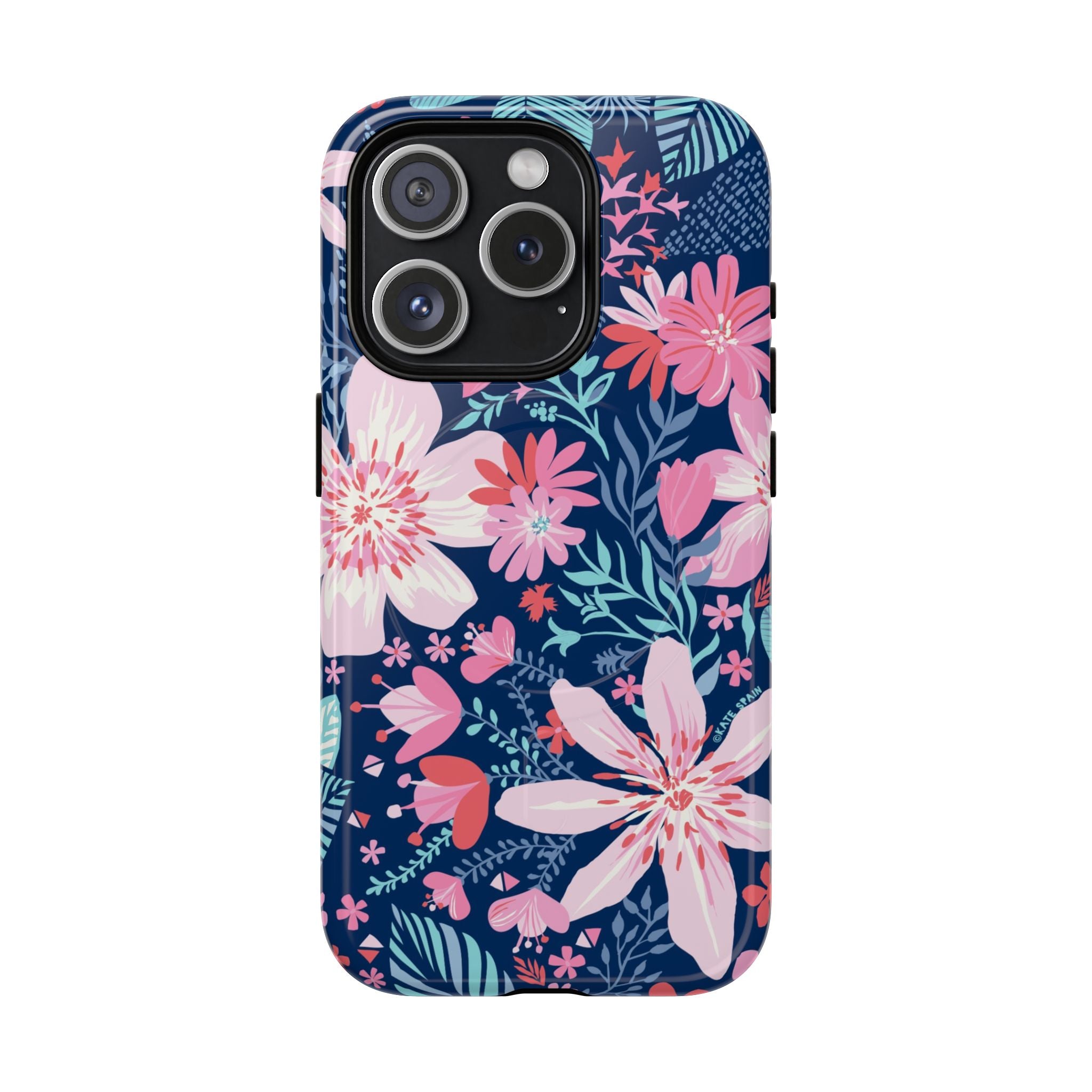 Bonaire MagSafe iPhone 15 Pro Case – Glossy | navy, pink, white tropical floral botanical print