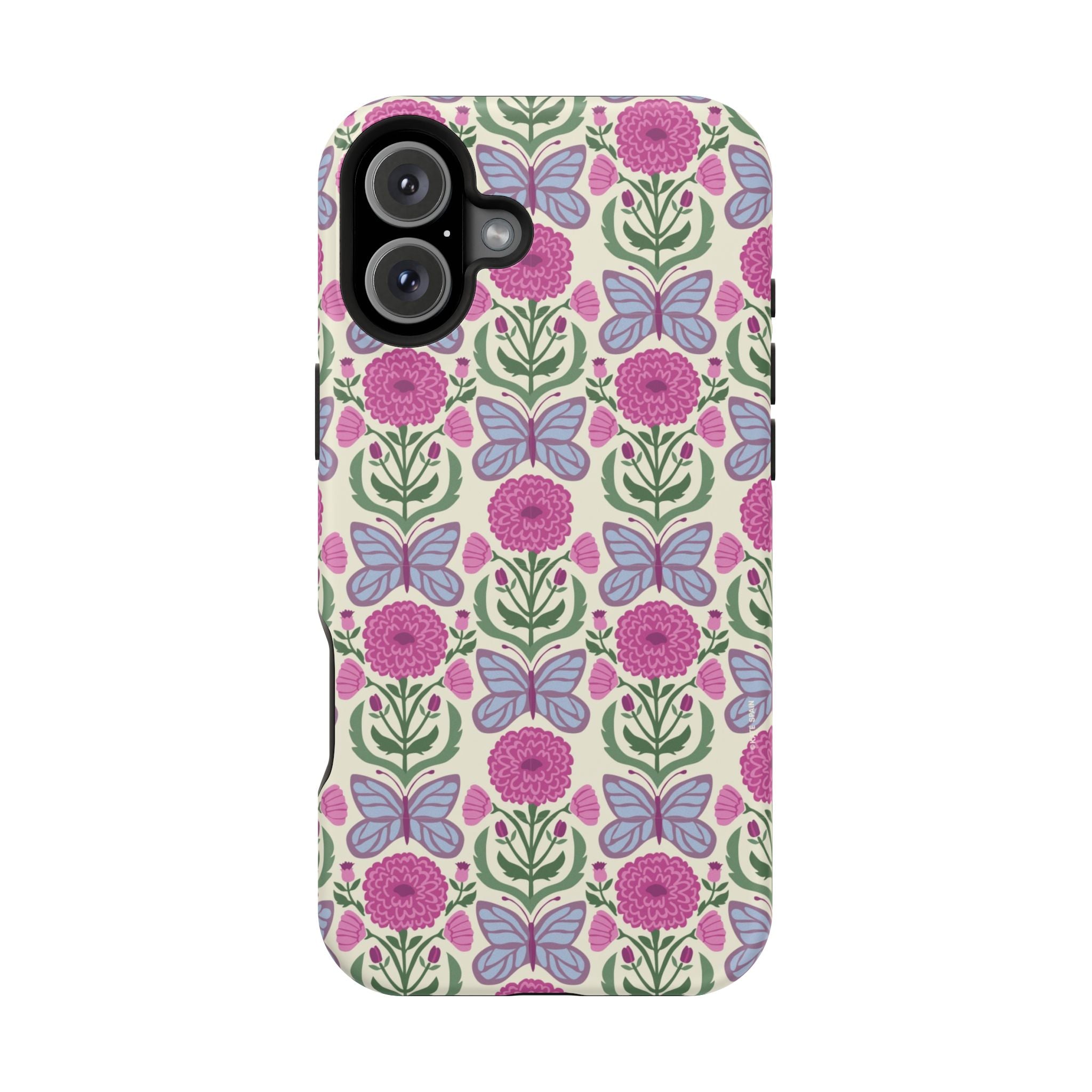 Butterfly MagSafe iPhone 16 Plus Case – Matte | cream, magenta, periwinkle butterfly floral print