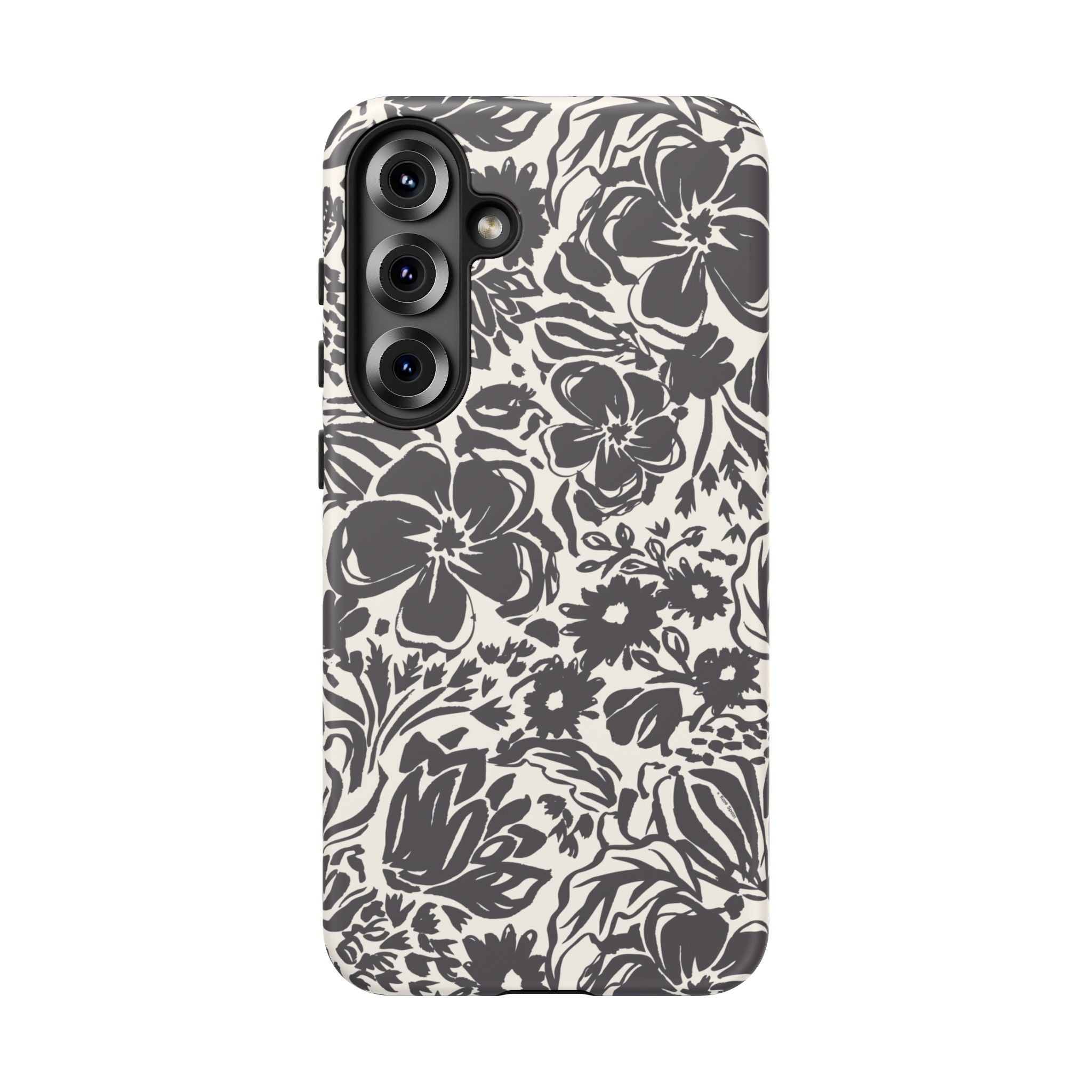 Rhapsody Black Samsung Galaxy S25 Plus Glossy case — bold charcoal floral print on cream by Kate Spain