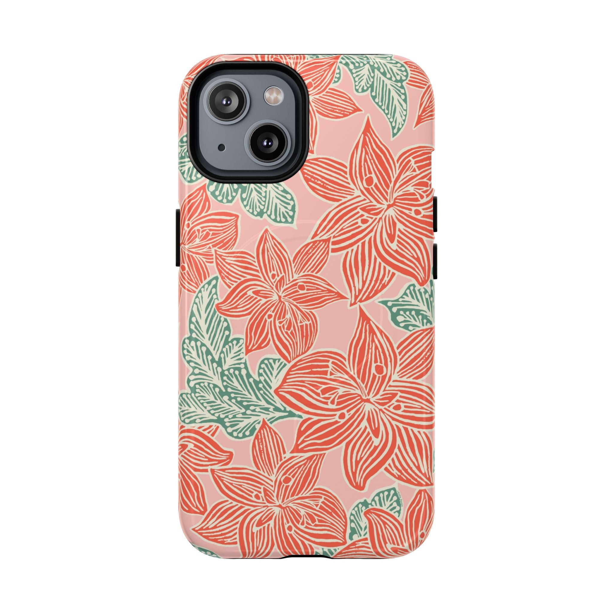 Hibiscus Coral MagSafe iPhone 14 Glossy Case — blush pink hard case with large-scale coral red hibiscus flowers and teal-green leaves in a bold botanical linework print, densely layered across the surface