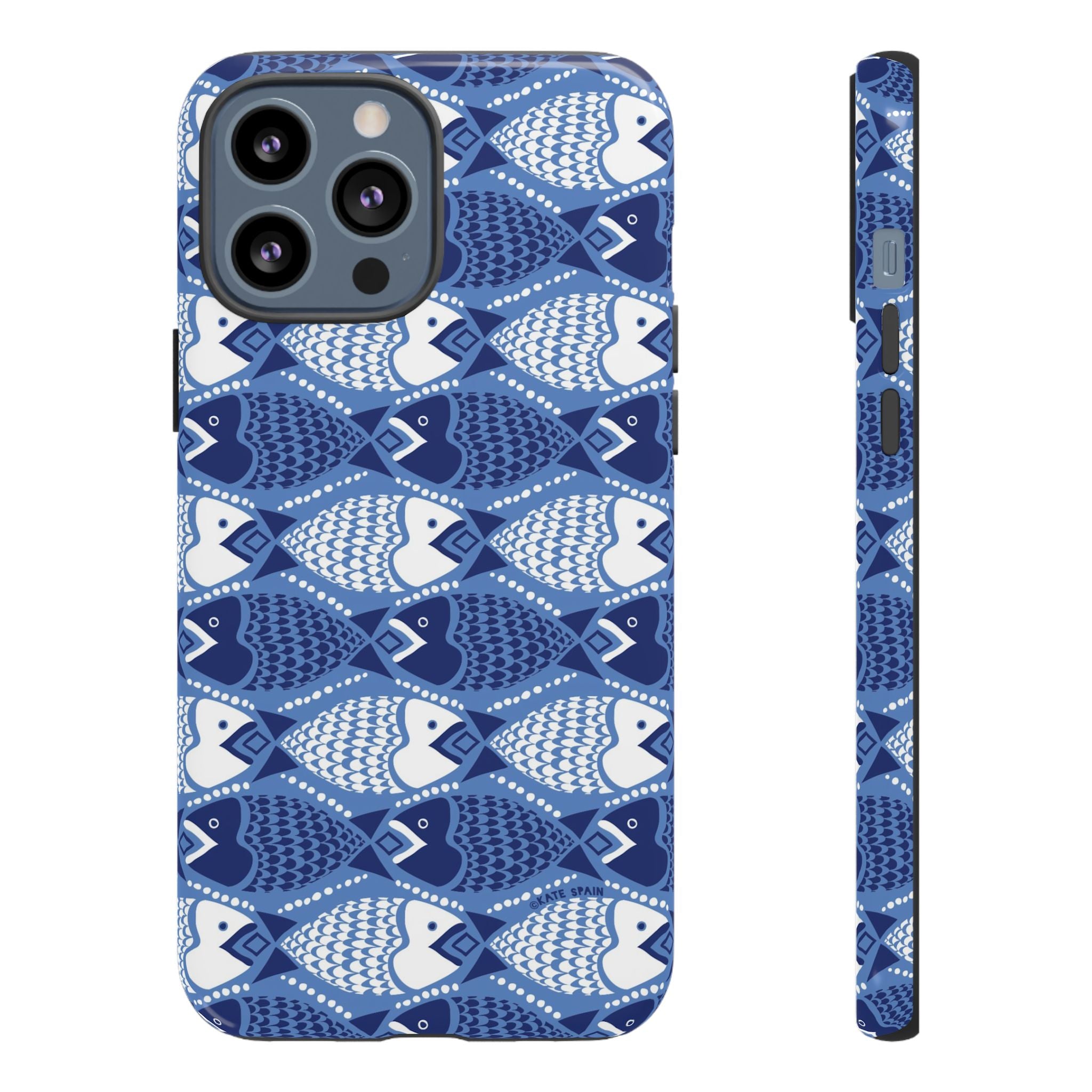 Catch of the Day Tough iPhone 13 Pro Max Case – Glossy | navy, blue, white geometric fish print