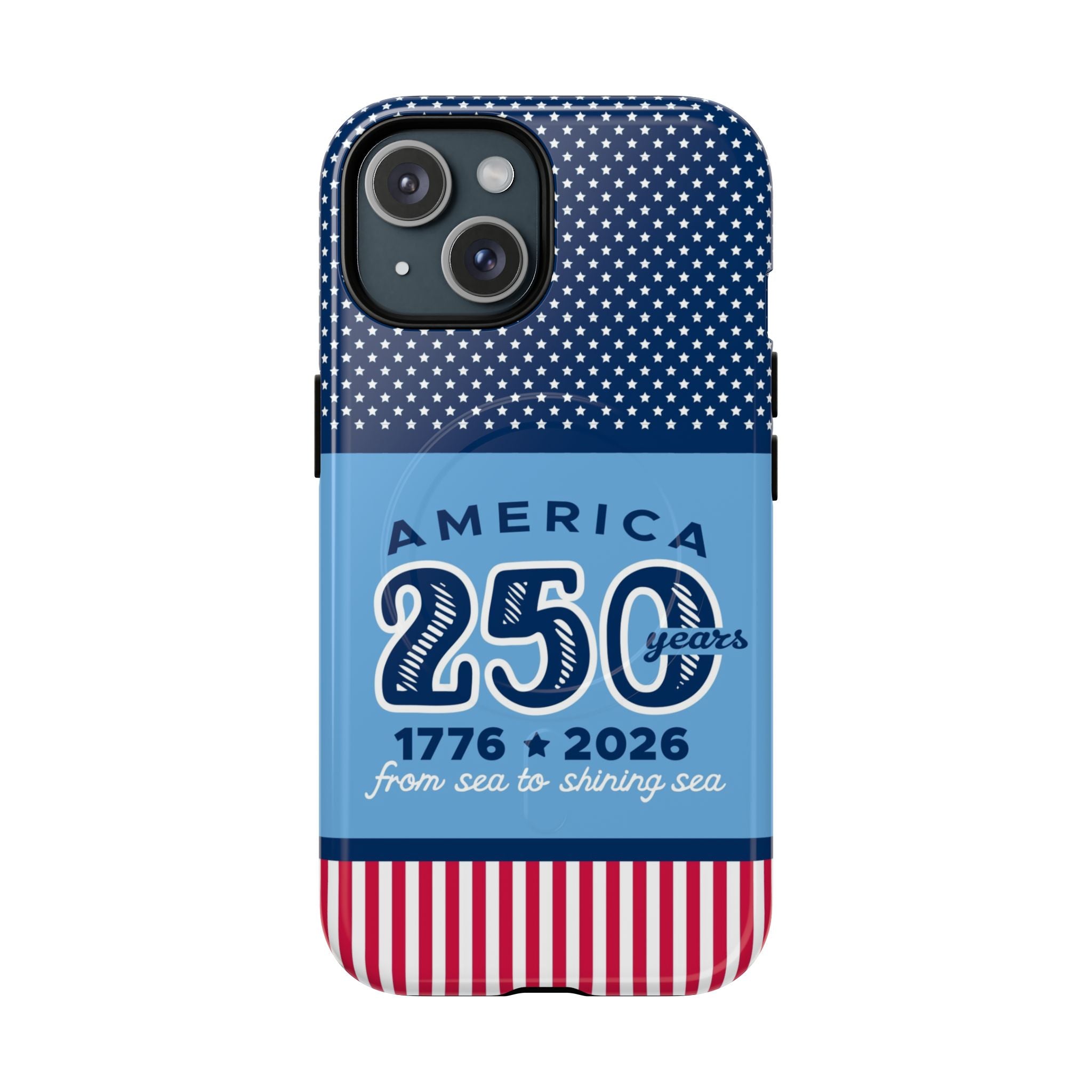 Sea to Shining Sea MagSafe iPhone 15 Case – Glossy | navy, sky blue, red, white American stars & stripes 250th anniversary print