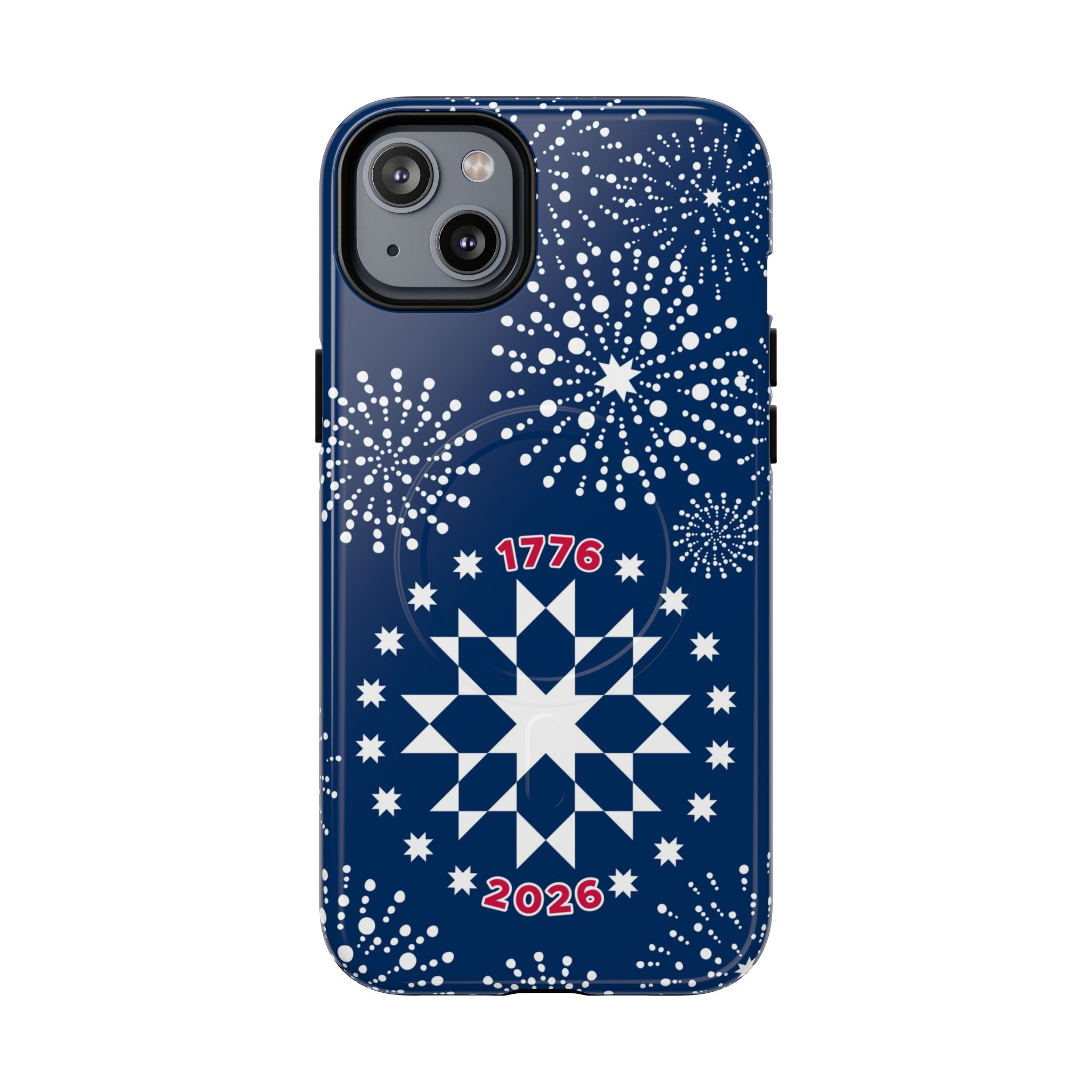250th Fireworks MagSafe iPhone 14 Plus Case – Glossy | navy, white patriotic star quilt fireworks print