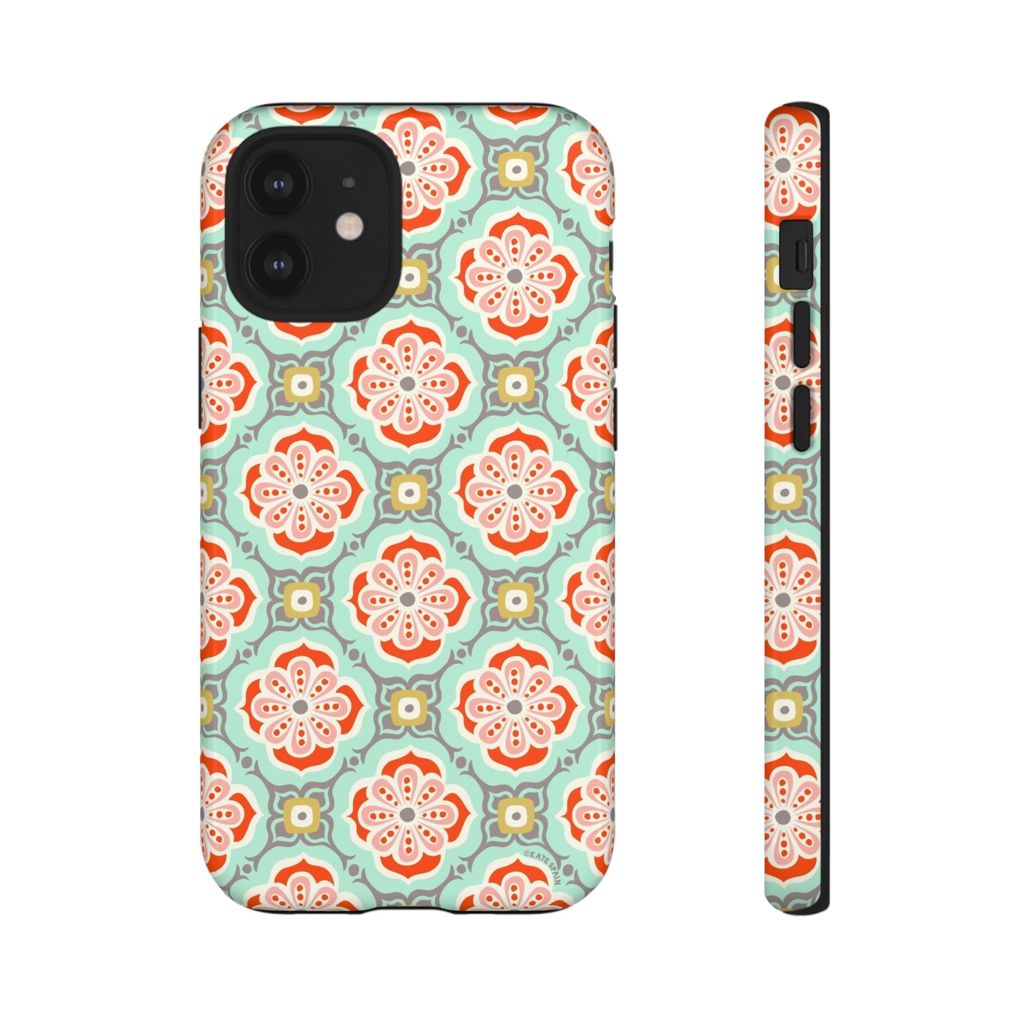 Alhambra Tough iPhone 12 Mini Case – Glossy | aqua, coral, blush geometric medallion floral print