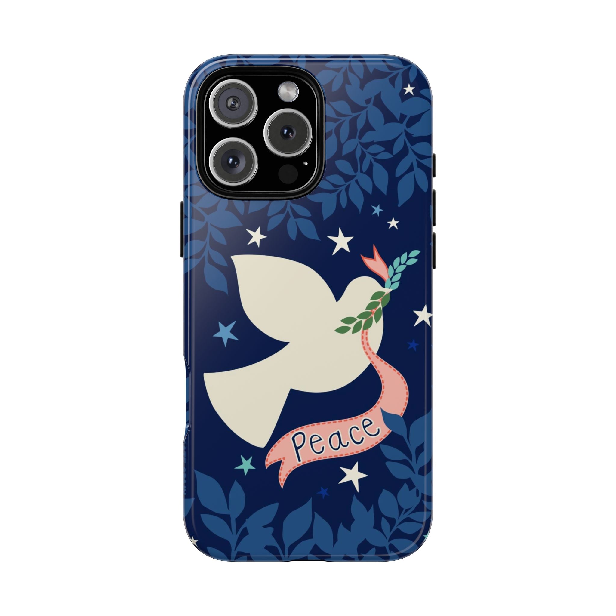 Peace Tough iPhone 16 Pro Case – Matte | navy, cream peace dove, stars, botanical print