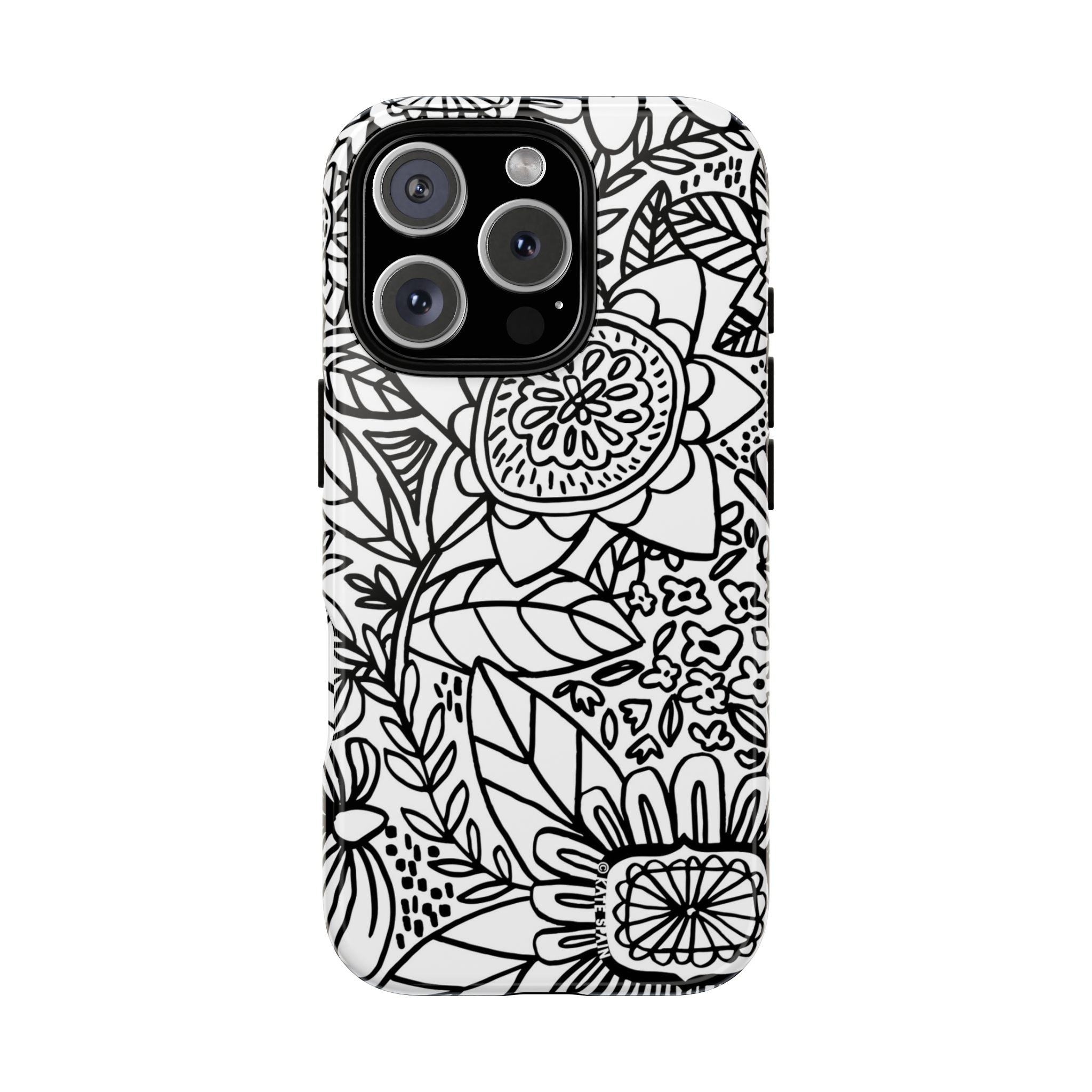 Esprit Tough iPhone 16 Pro Max Case – Glossy | white, black botanical line art floral print