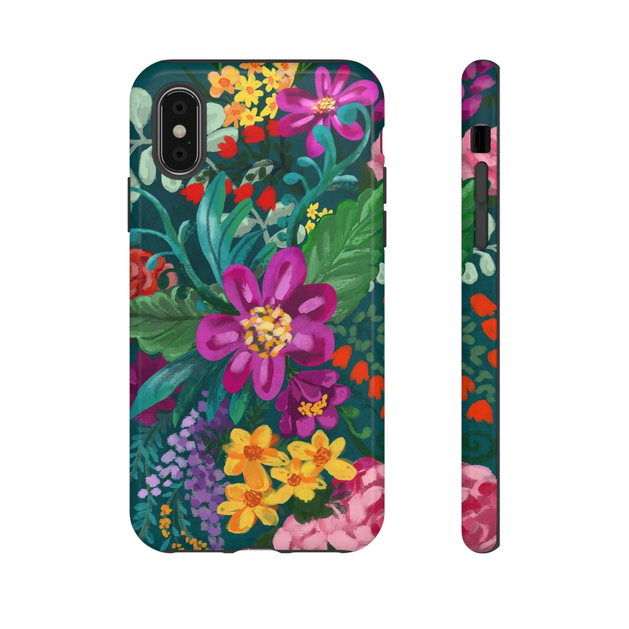 Posy Tough iPhone X Case – Glossy | teal, purple, magenta, yellow botanical wildflower print