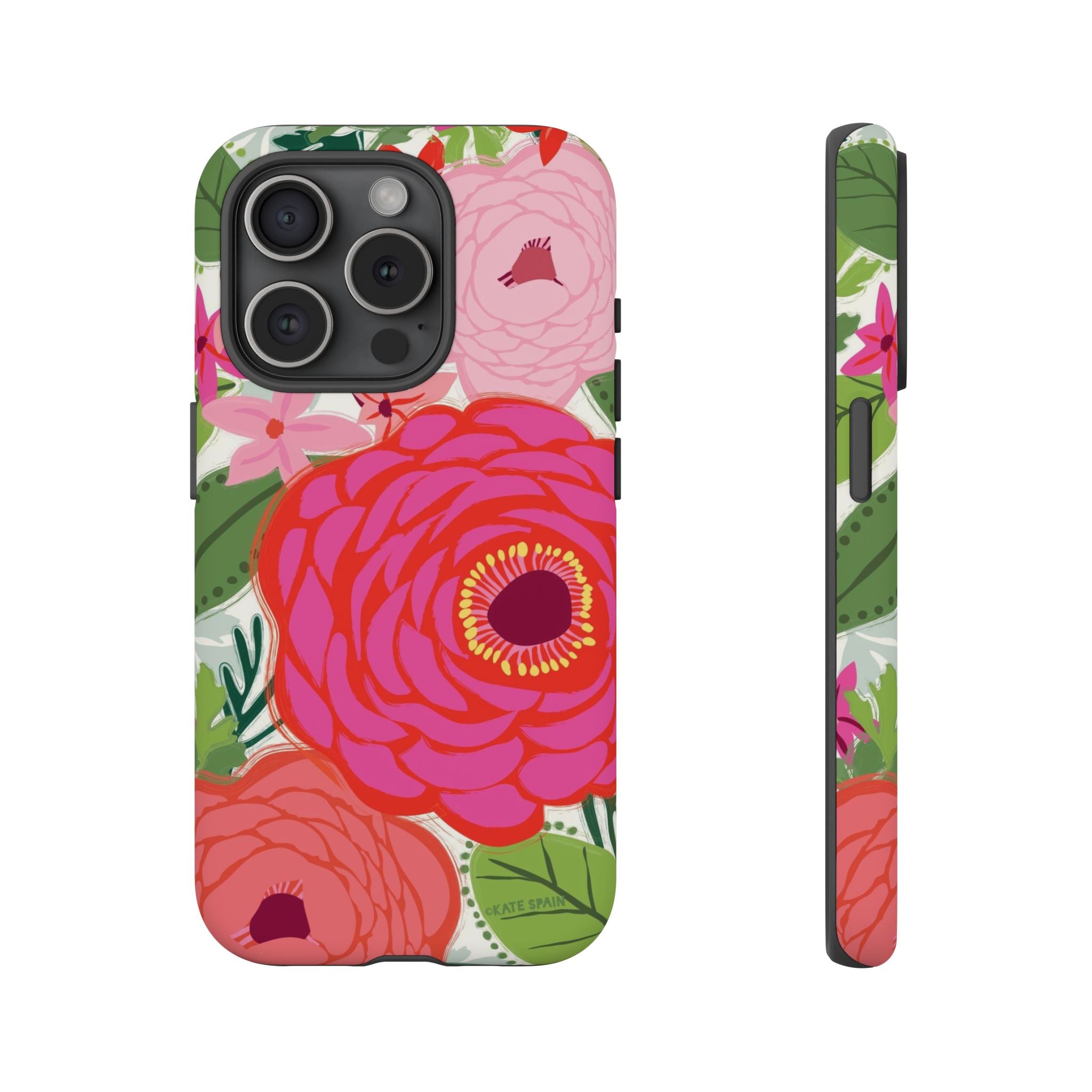Bloomerie Tough iPhone 15 Pro Case – Matte | cream, magenta, coral botanical peony floral print