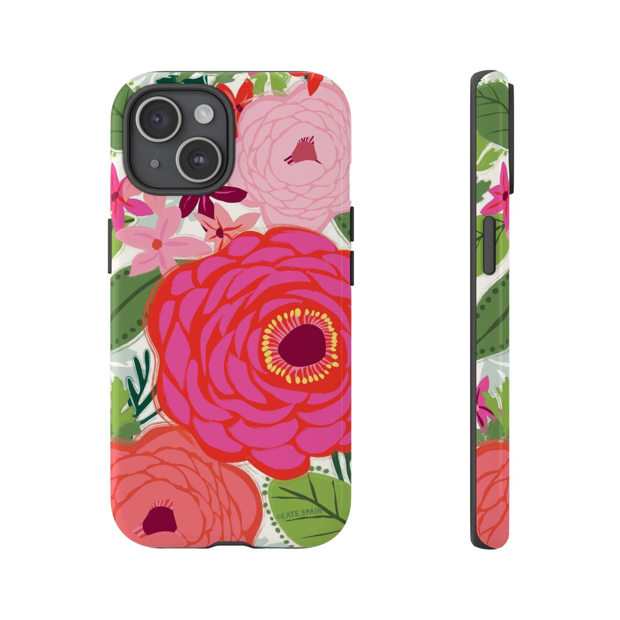 Bloomerie Tough iPhone 15 Case – Glossy | cream, magenta, coral botanical peony floral print