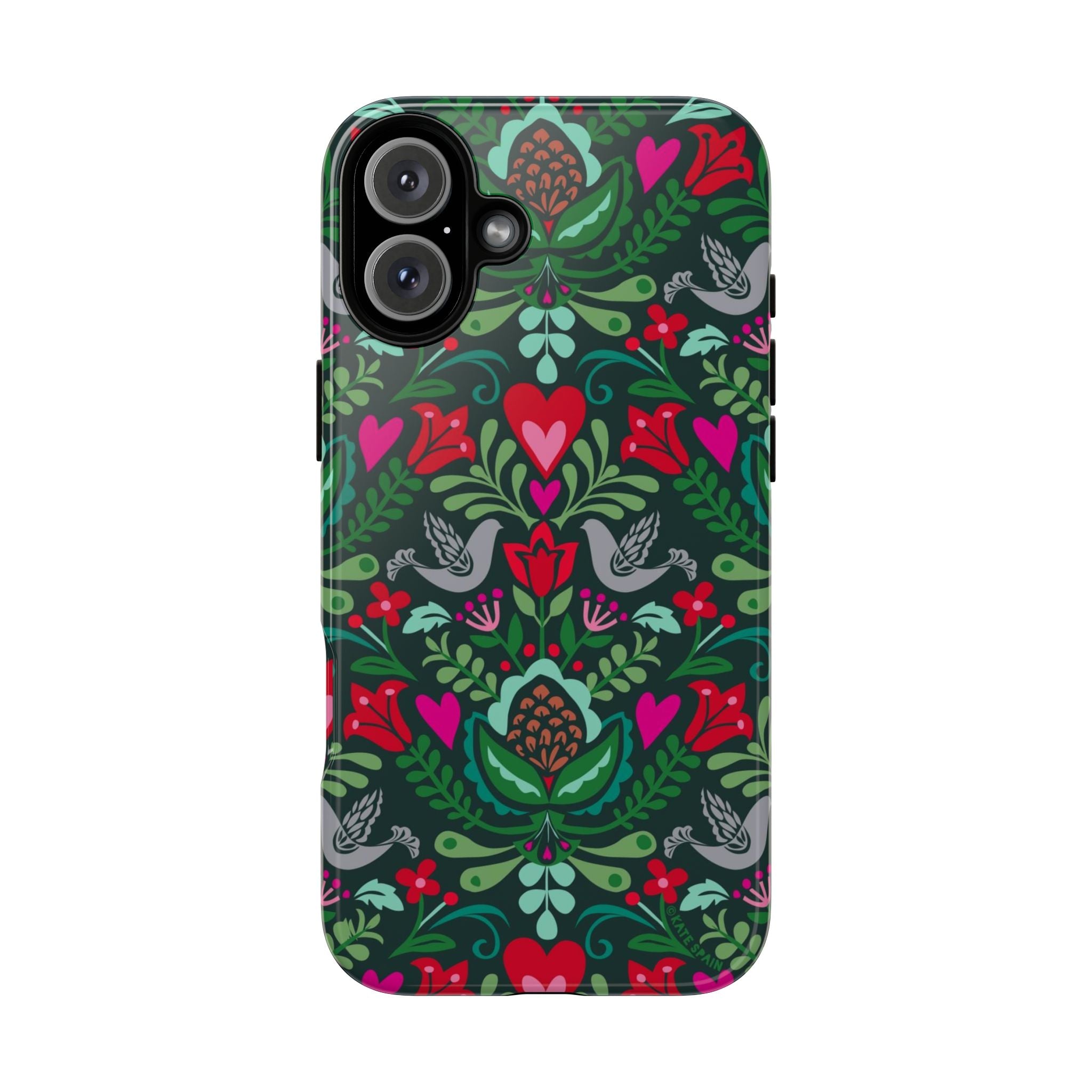 Rosemaling Tough iPhone 16 Plus Case – Glossy | dark green, red, pink, gray folk art floral bird print
