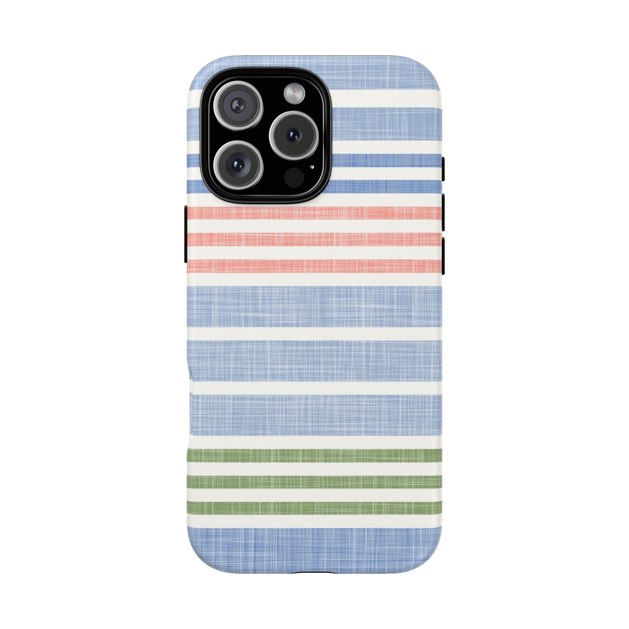 Cabana Stripe Pastel Tough iPhone 16 Pro Max Case – Matte | soft blue, coral, sage green chambray-textured stripe print dual-layer protection