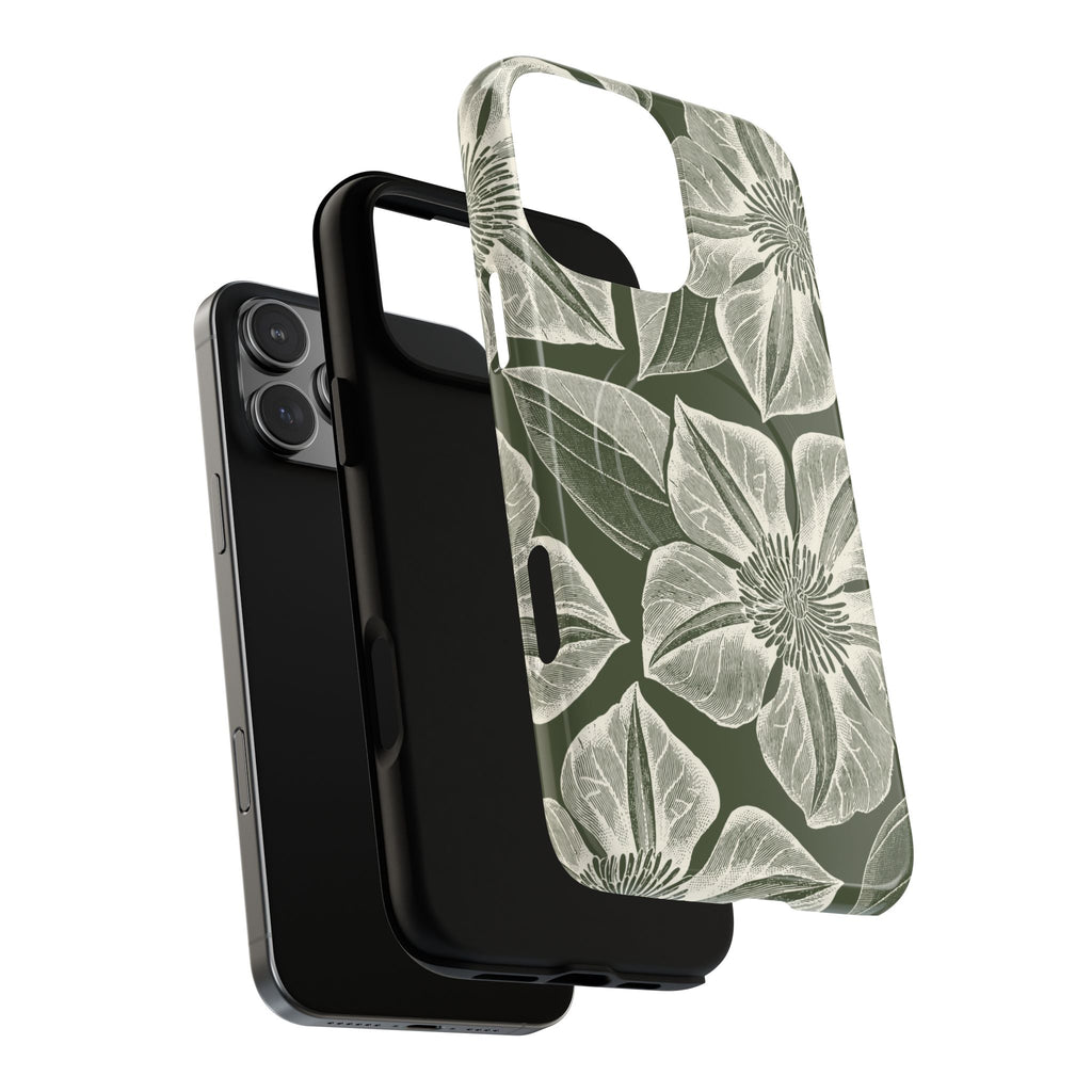 Vintage Bloom Cypress MagSafe iPhone 17 – Glossy | cypress green ground, large-scale white clematis print, dual-layer case and inner lining detail with camera cutout view